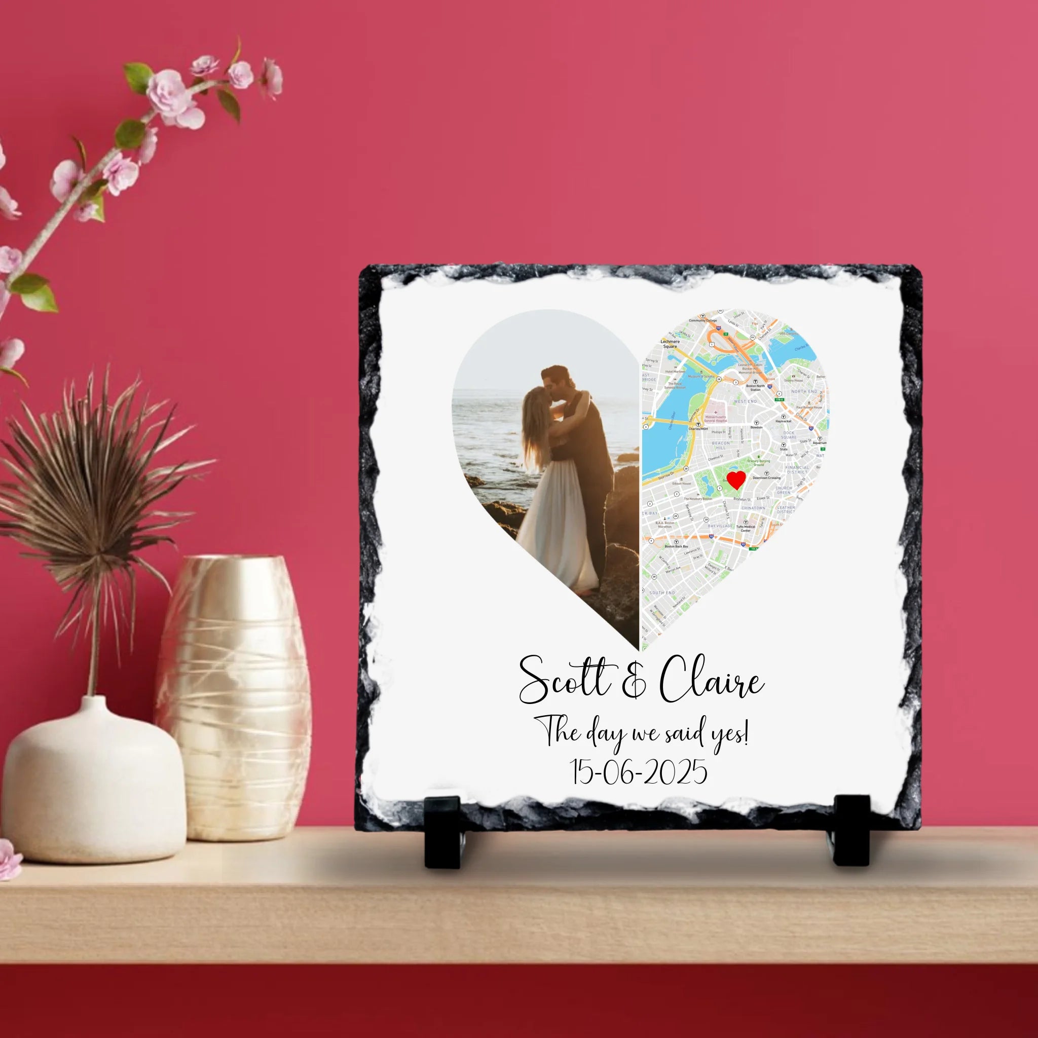 Personalised Couples Photo & Map Slate – Custom Photo, Location, Names, Date & Quote