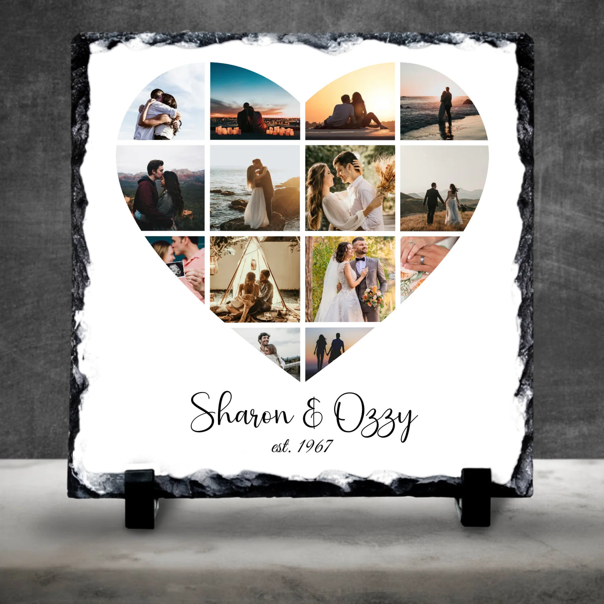 Personalised Heart 13 Photo Collage Slate – Custom Names & Date – Unique Anniversary or Wedding Keepsake