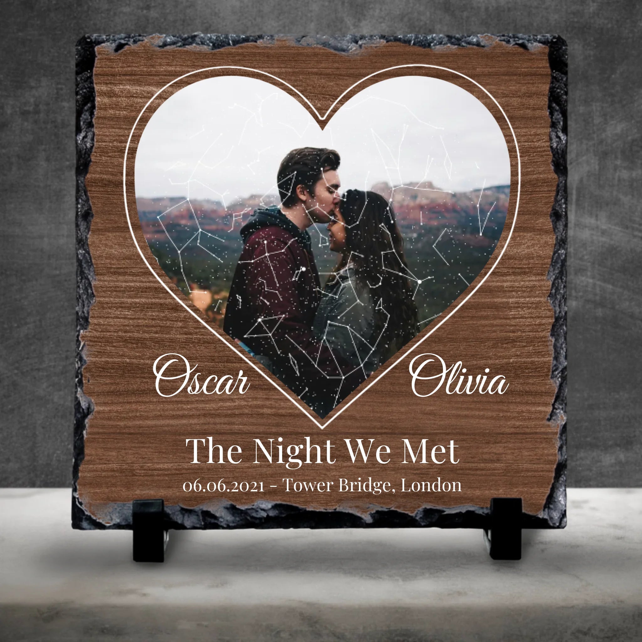 Personalised Heart Photo & Star Map Slate – Custom Night Sky with Names, Date & Location – Anniversary or Wedding Gift