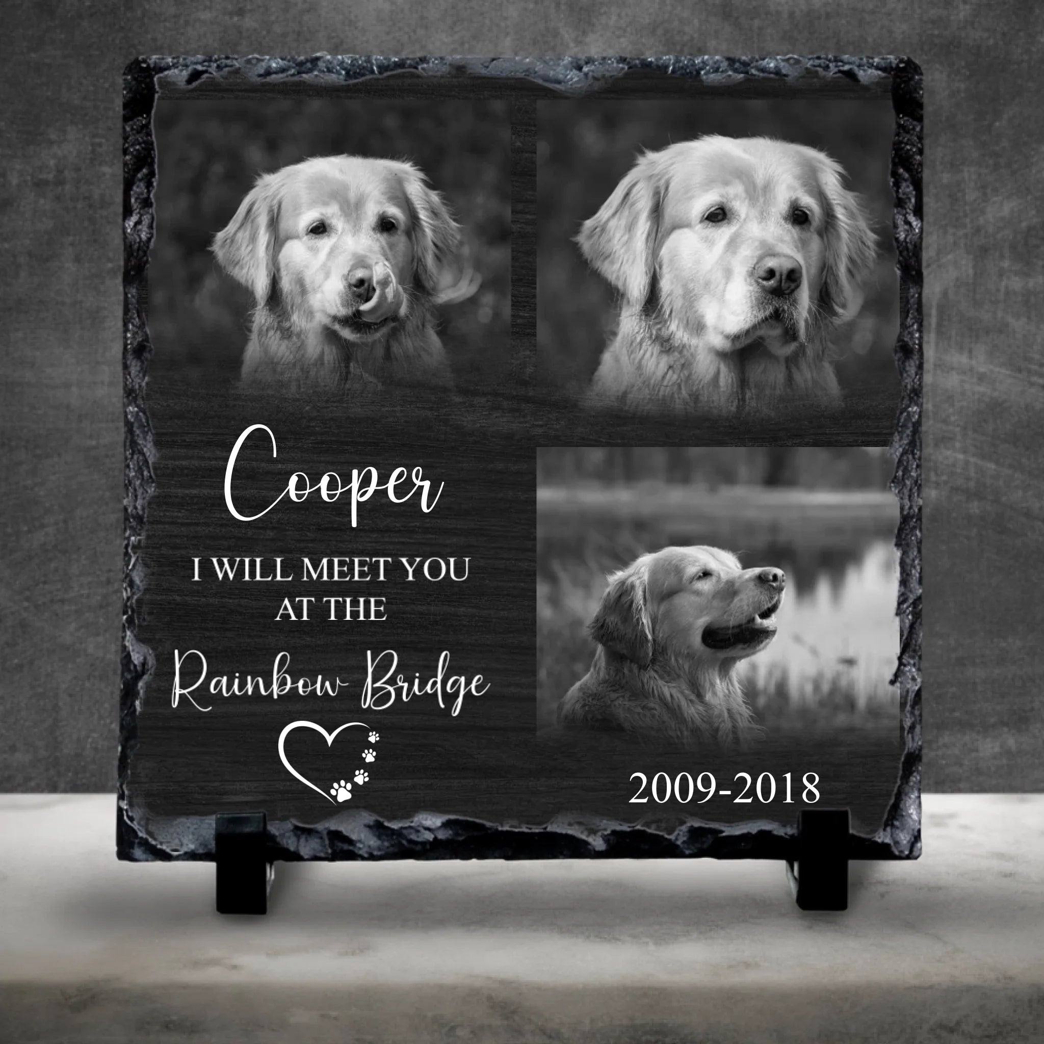 Custom Personalised Pet Memorial Photo Slate - Rainbow Bridge - Black & White