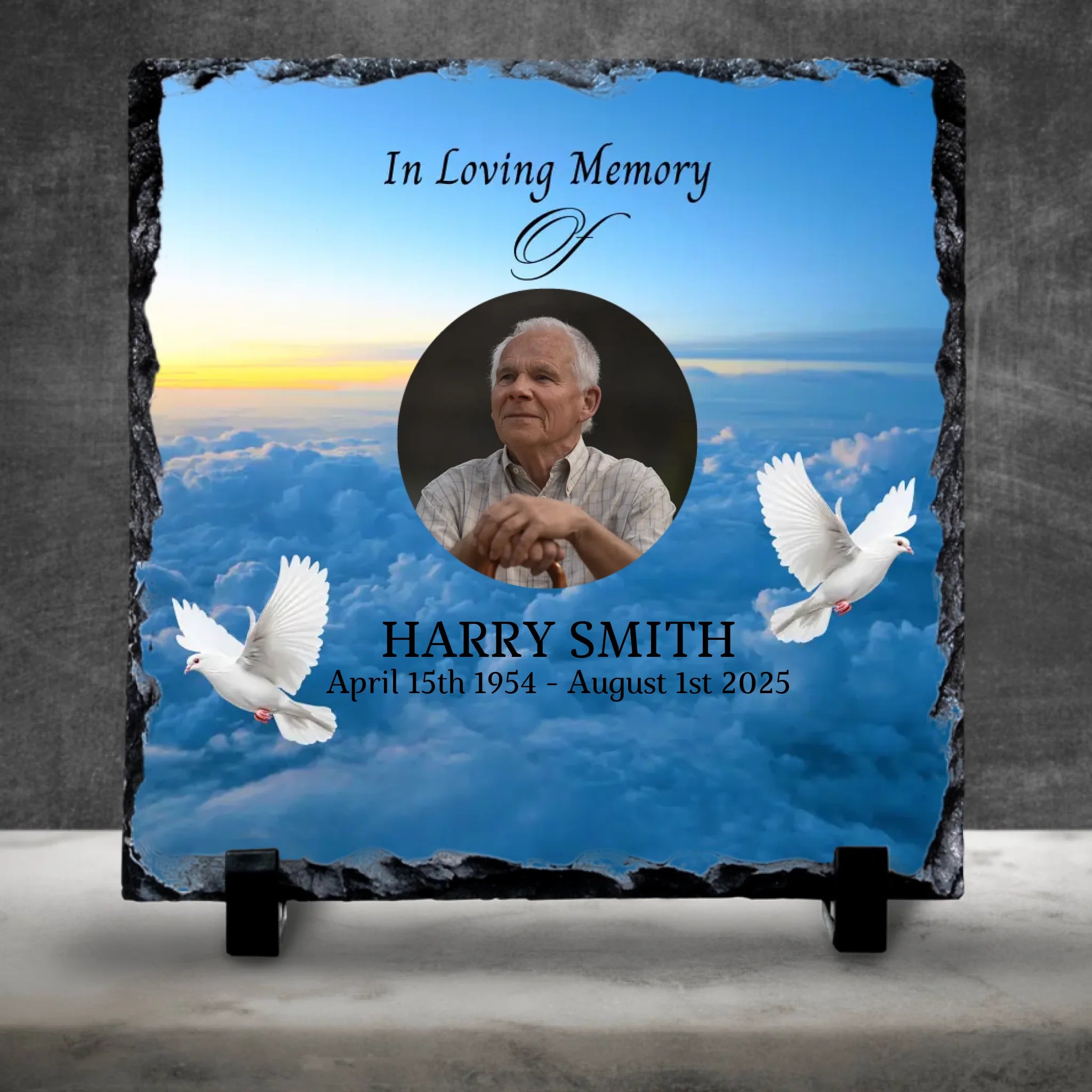 Custom Personalised Memorial Photo Slate Plaque  - Clouds & Doves
