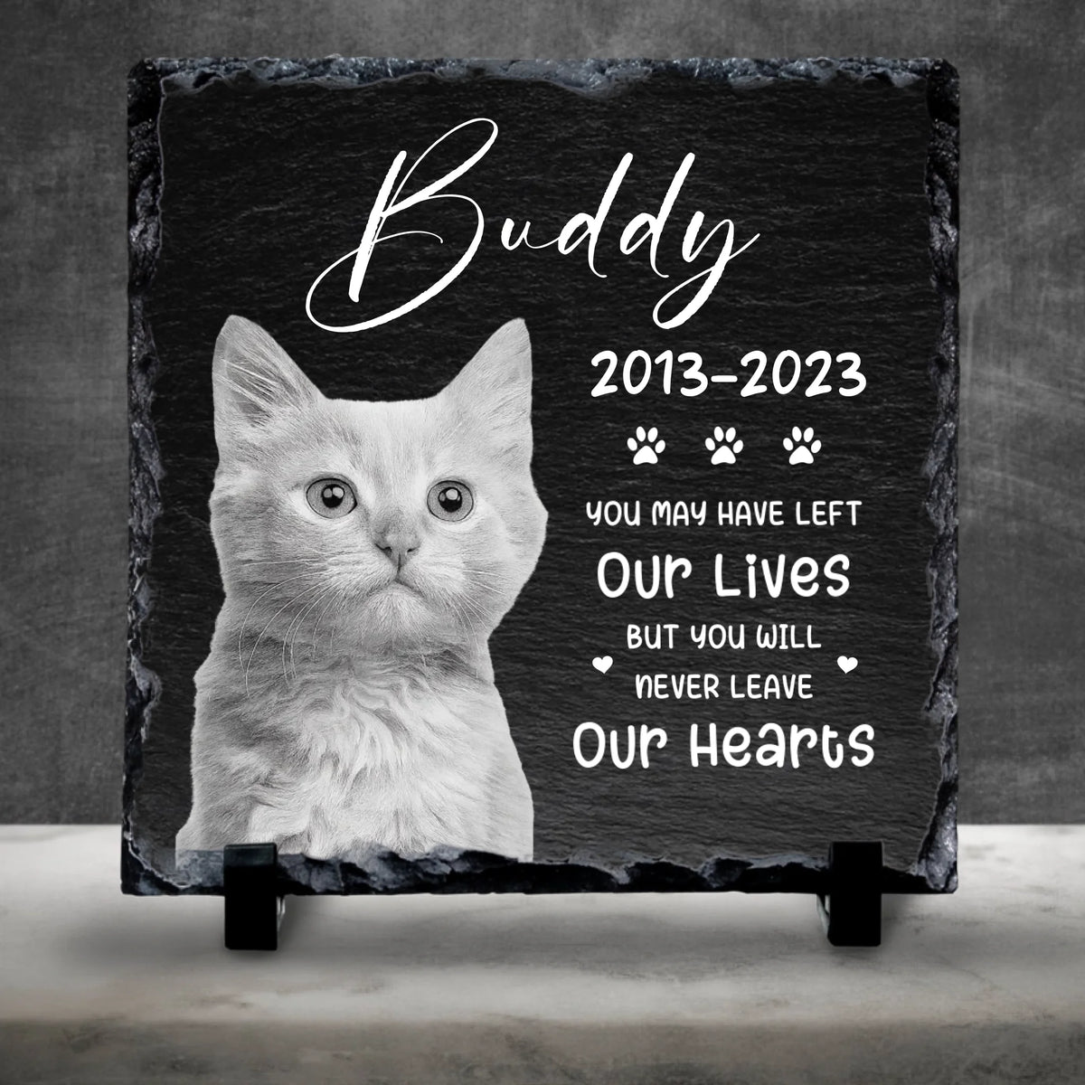 Custom Personalised  Pet Memorial Photo Slate Plaque  - Never Leave Our Hearts