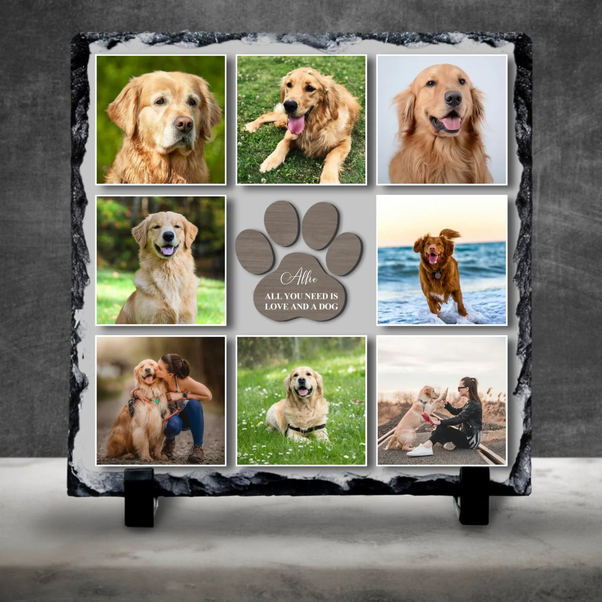 Personalised Pet Photo Collage Photo Slate - Paw Print “All You Need is Love and a Dog”