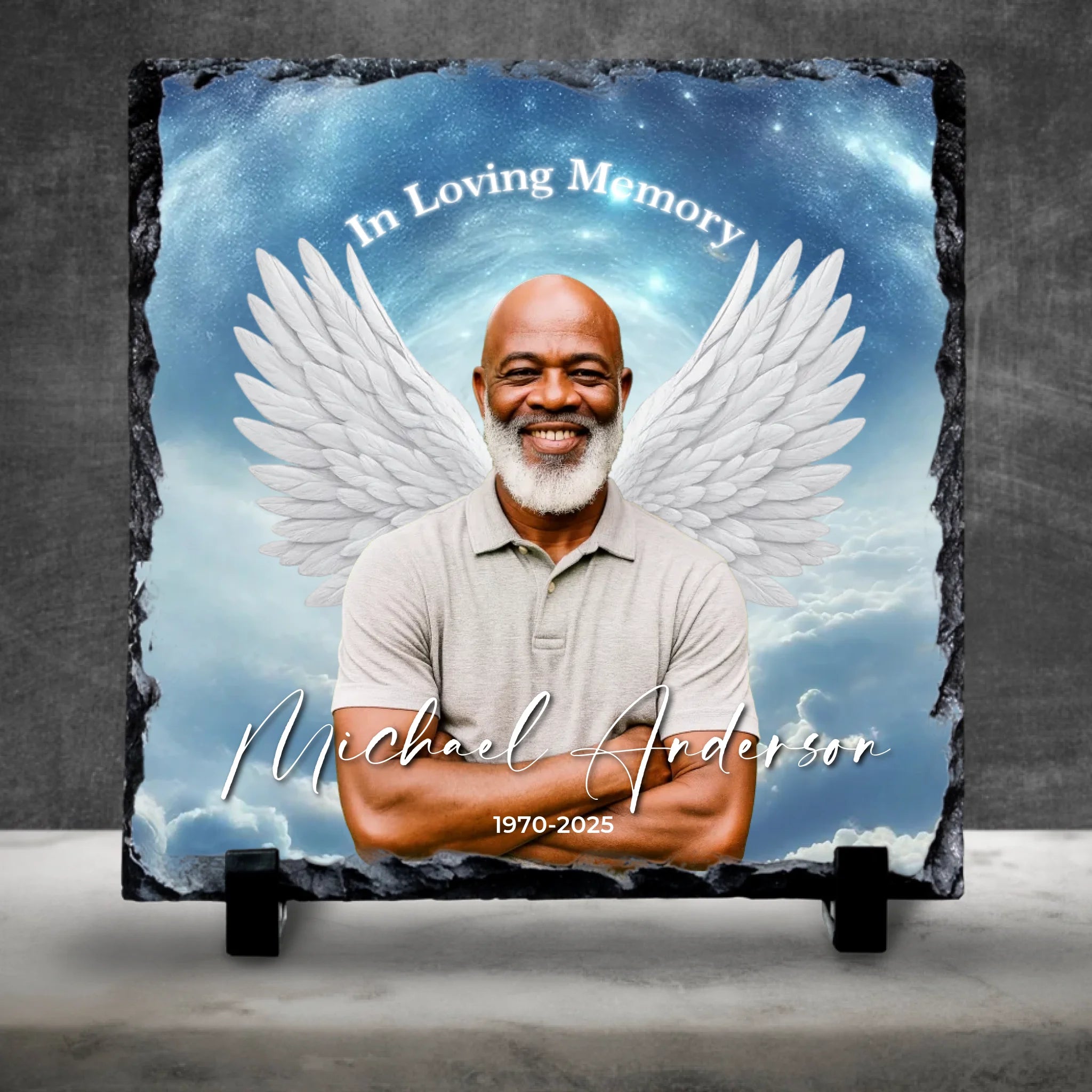 Custom Personalised Memorial Photo Slate Plaque  - Angel Wings