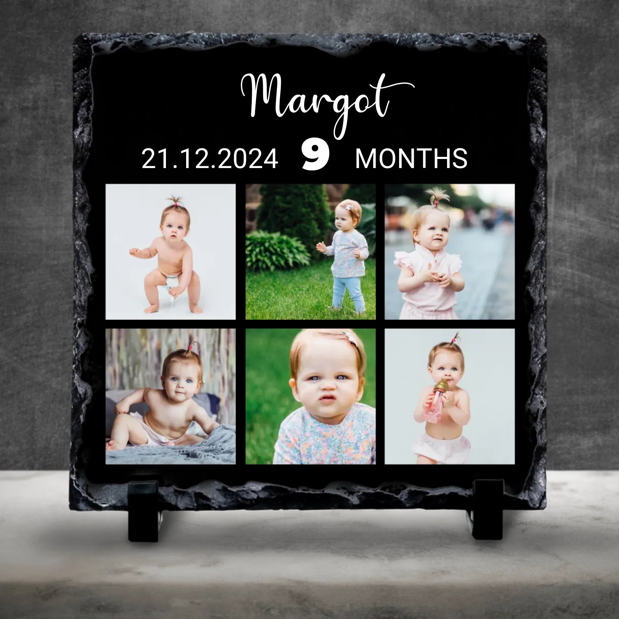 Personalised Milestone Photo Slate - Custom Square Design with 6 Photos, Name, Date & Age
