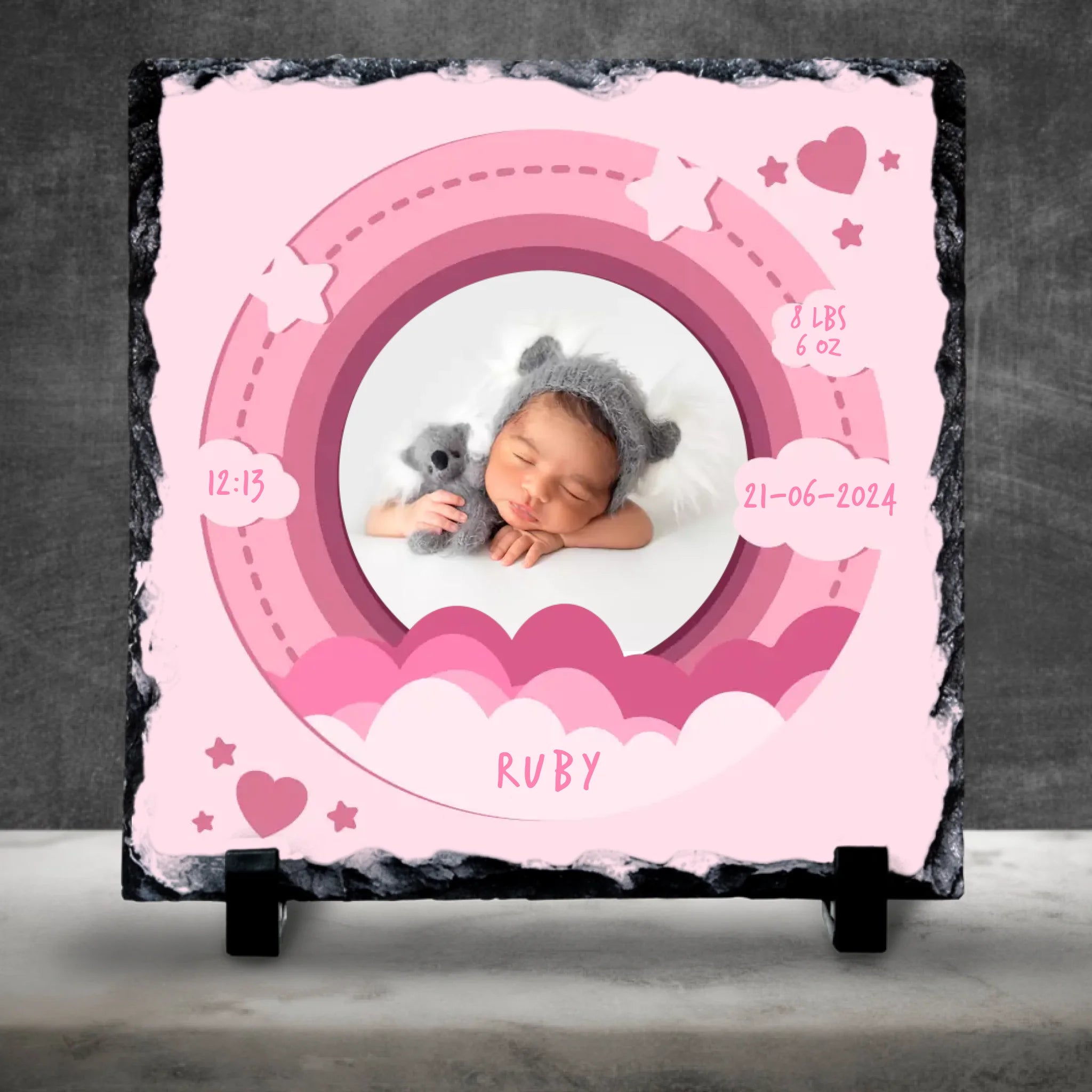 Custom Personalised Birth Announcement Photo Slate - Baby Girl - Pinks