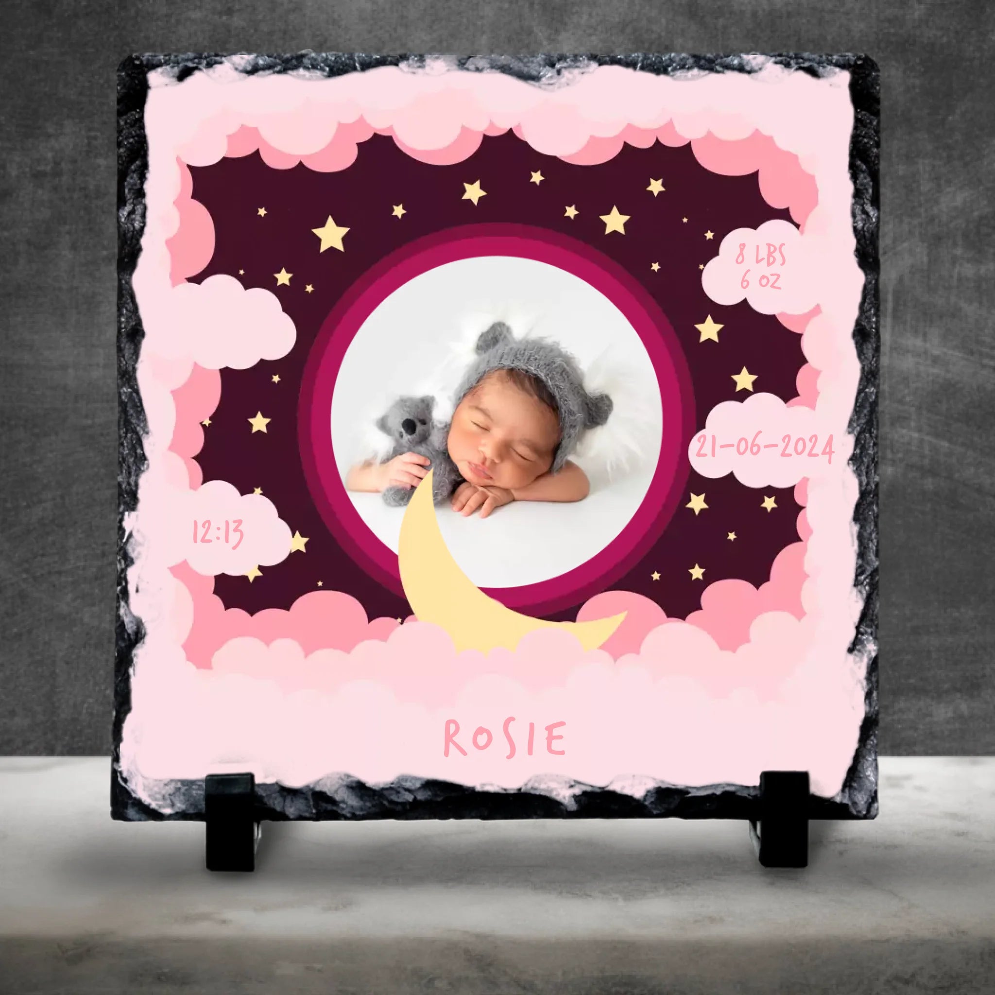 Custom Personalised Birth Announcement Photo Slate - Baby Girl - Pinks