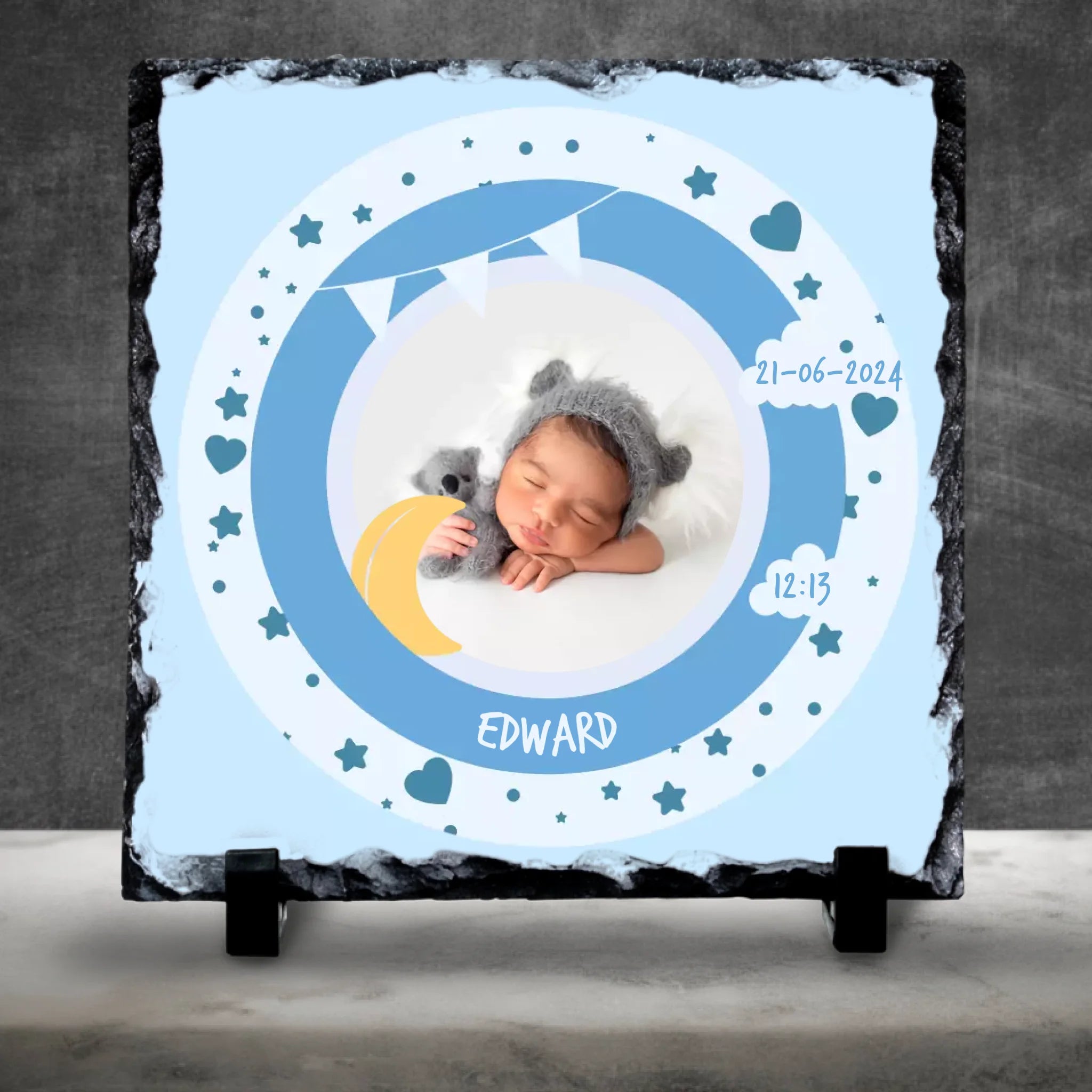 Custom Personalised Birth Announcement Photo Slate - Baby Boy - Blues