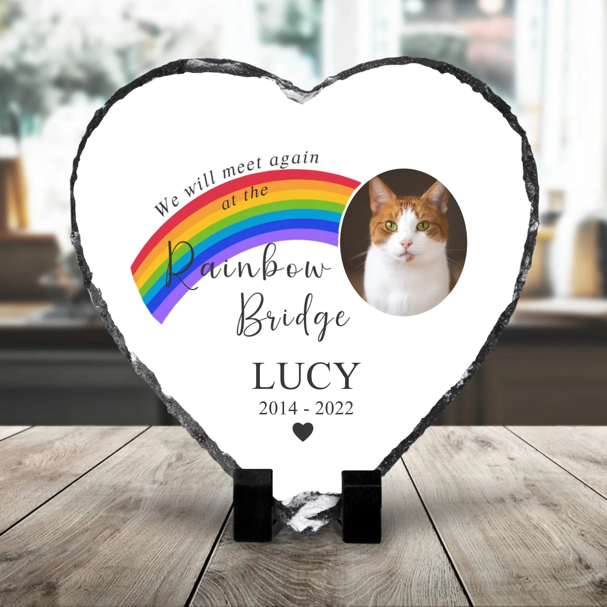 Heart shaped personalised pet memorial photo slate with a custom photo print