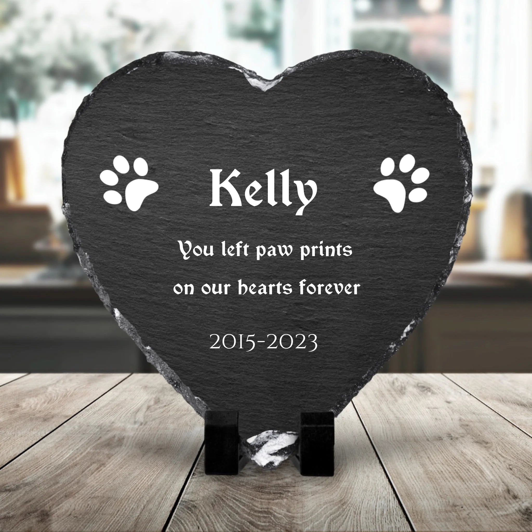 Heart shaped personalised pet memorial photo slate with paw print design and custom photo