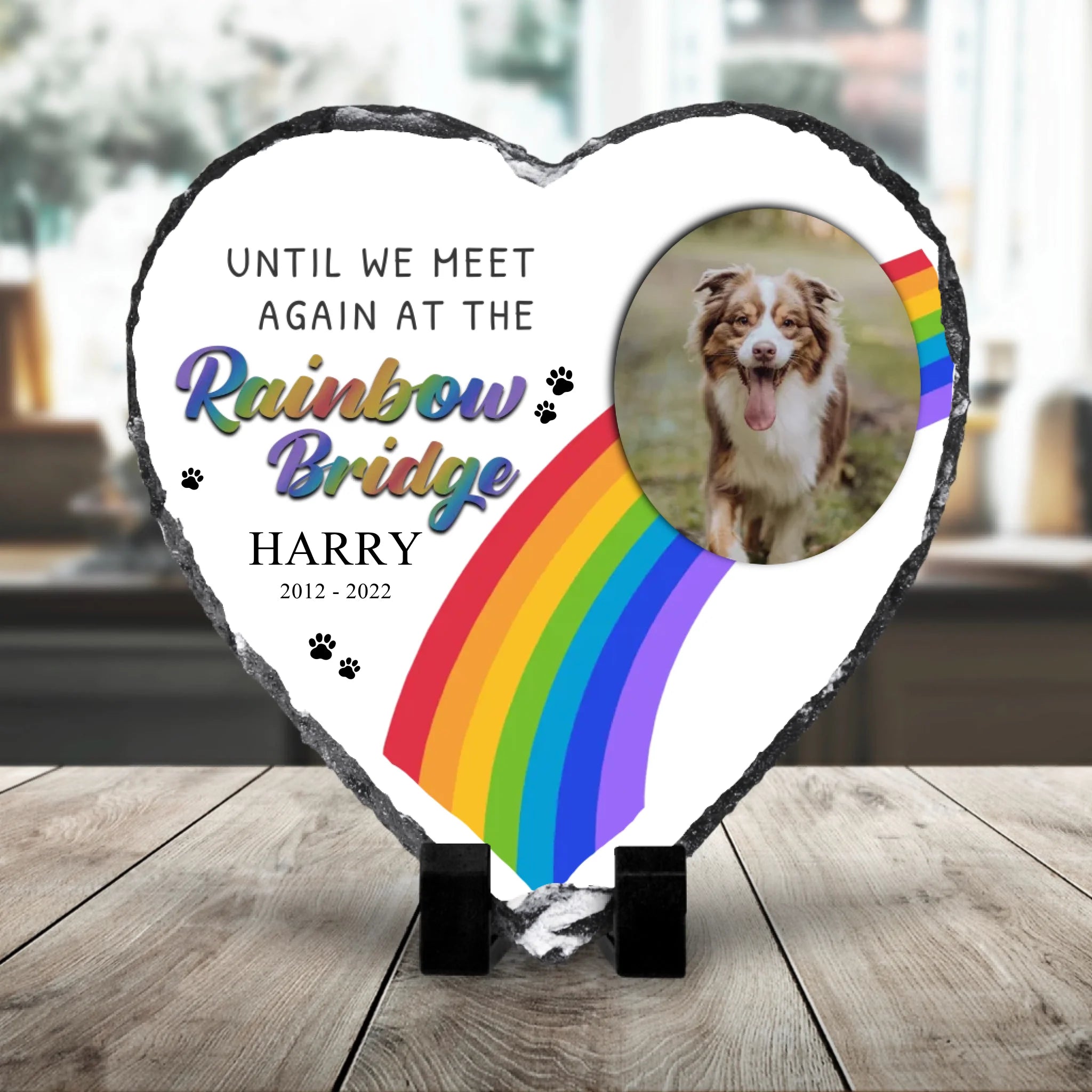 Heart shaped personalised pet memorial photo slate with Rainbow Bridge design and custom photo