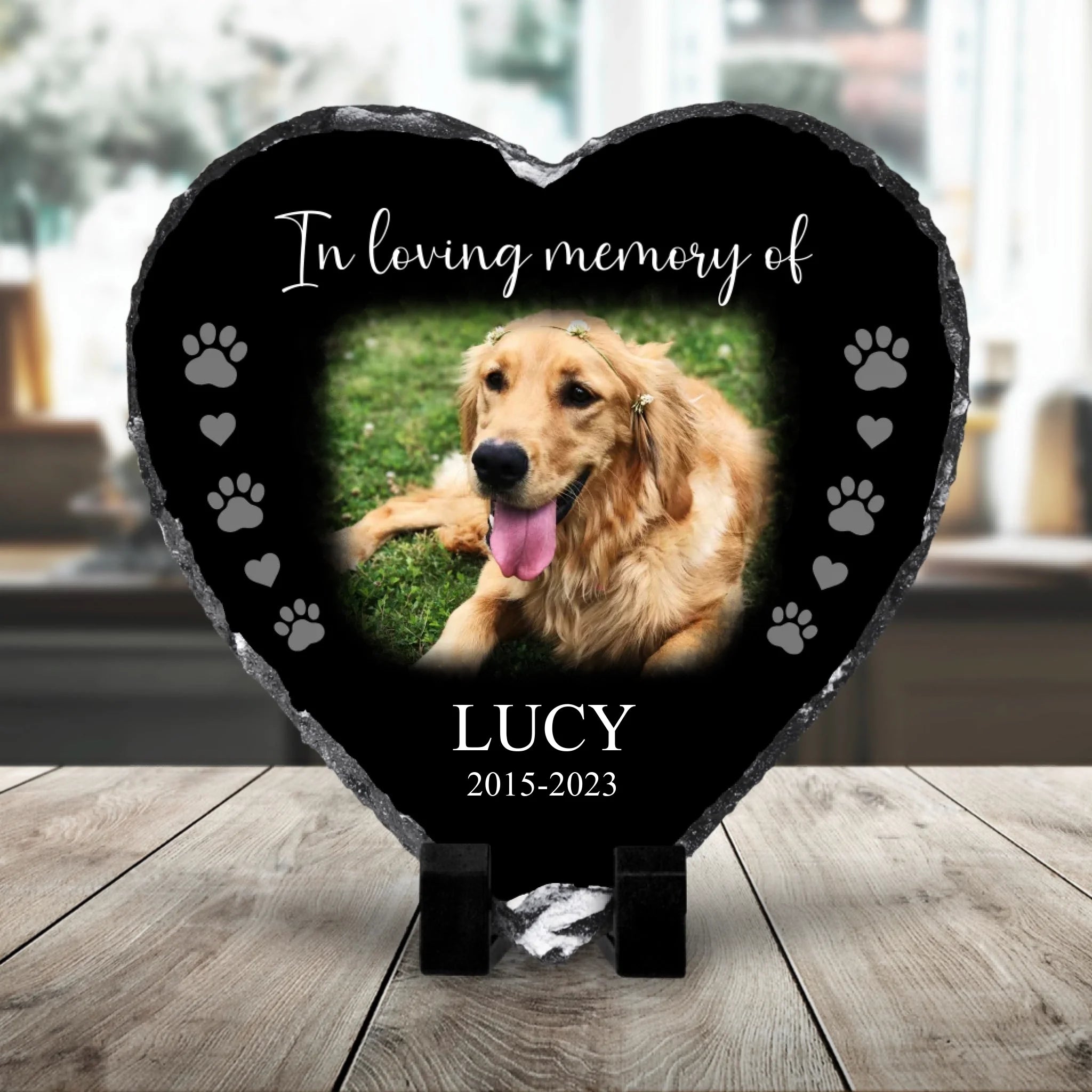 Custom heart shaped pet memorial photo slate printed with a pet photo