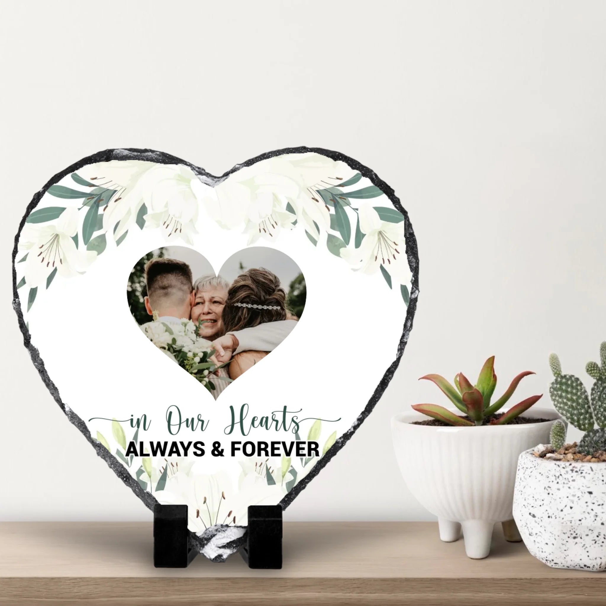 Heart photo slate memorial gift displayed on a shelf with small cacti