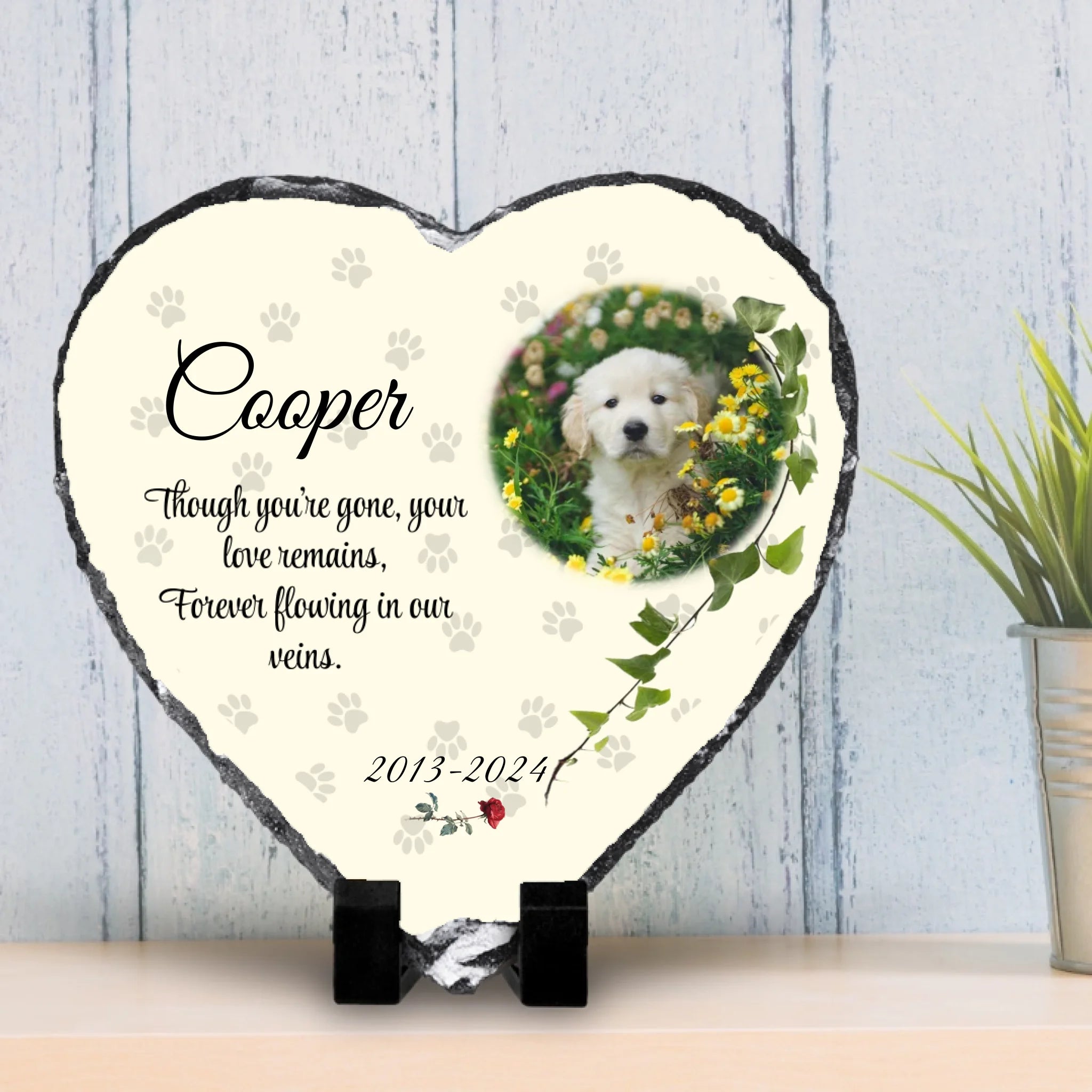 Custom photo slate memorial gift shown near a vase with flowers as home decor