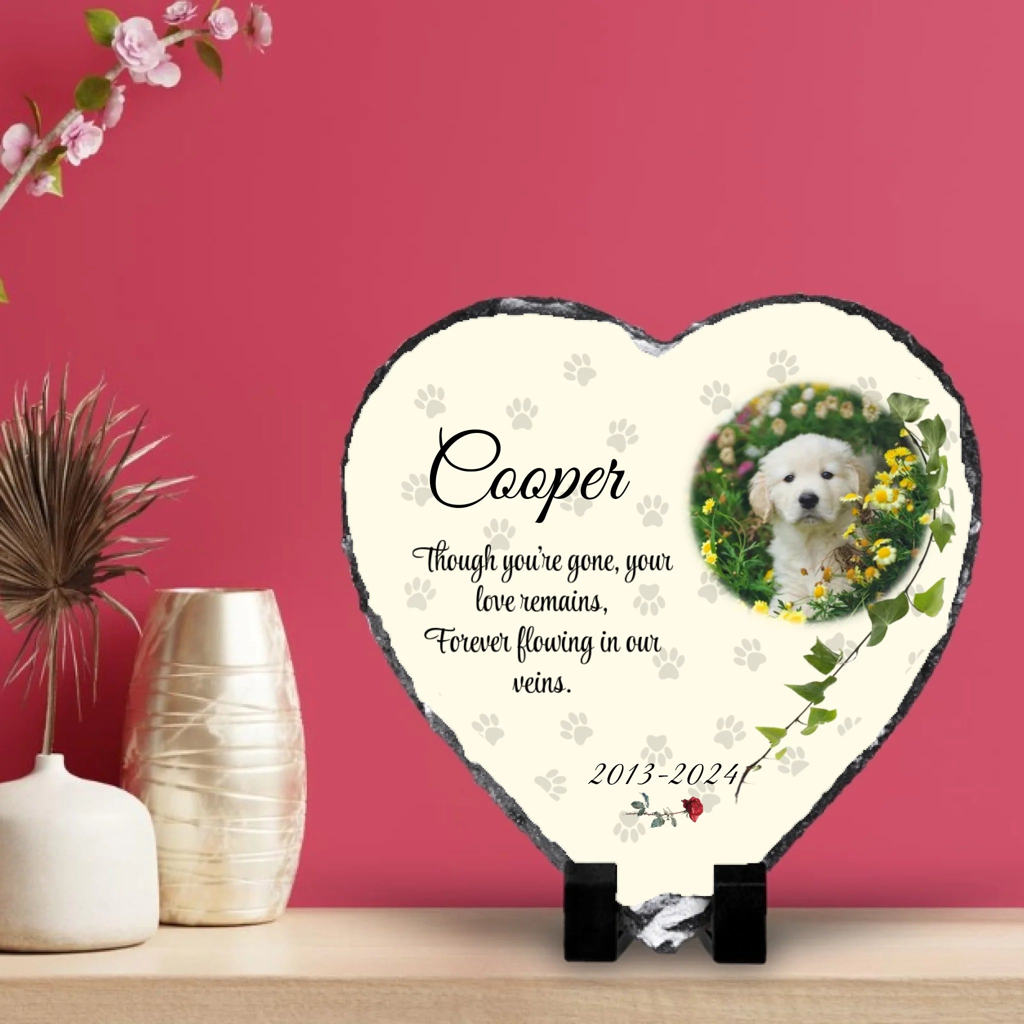 Personalised photo slate gift displayed on a wooden shelf against a deep red wall panel