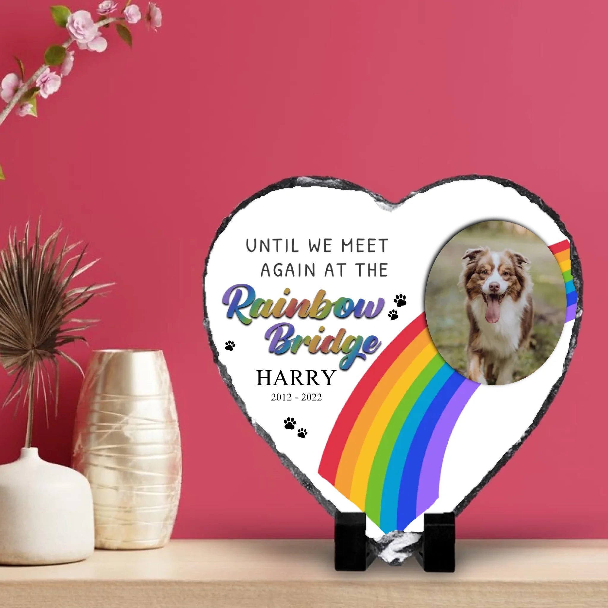 Pet memorial photo slate on a wooden shelf against a wall