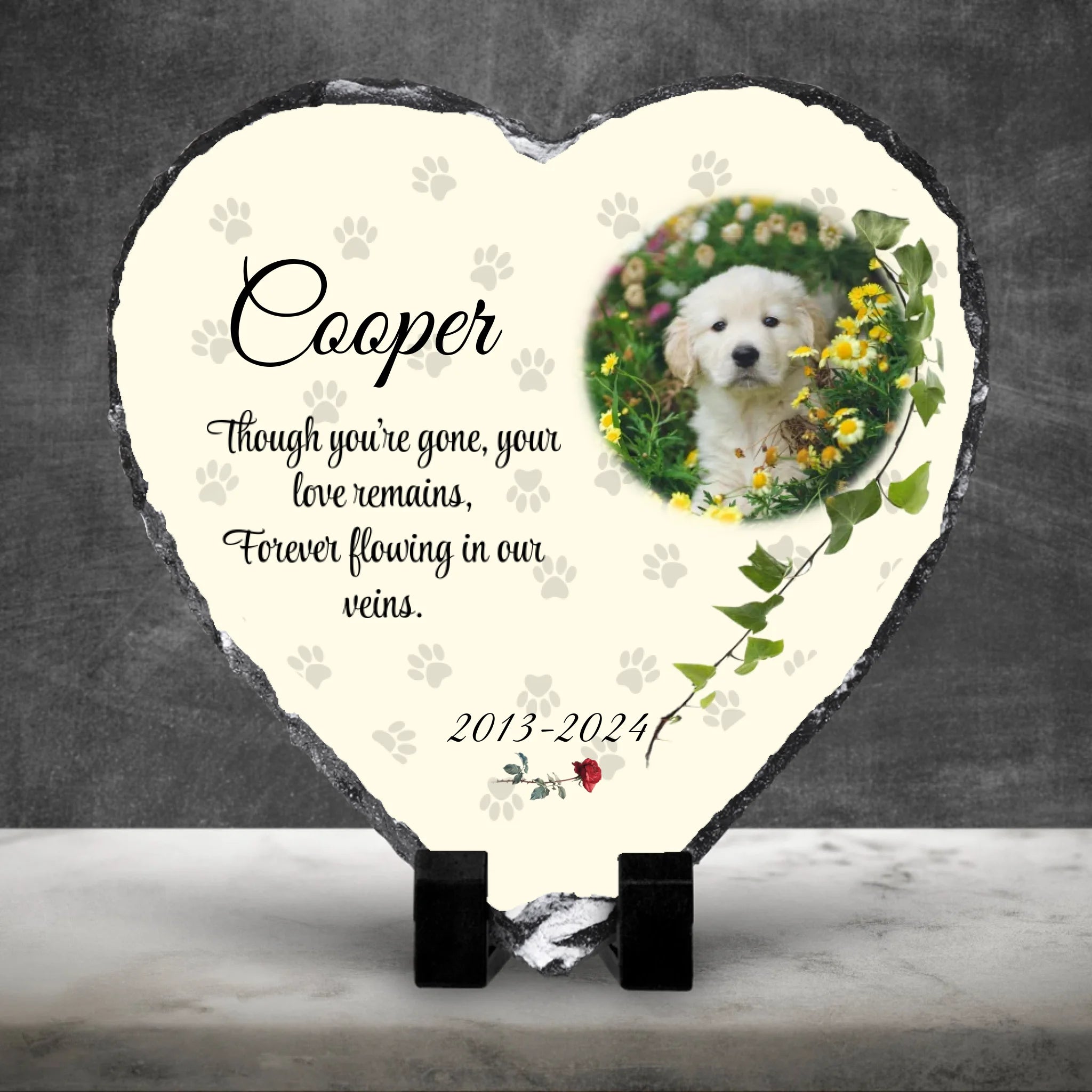 Heart photo slate keepsake shown against a dark cement wall with white marble floor