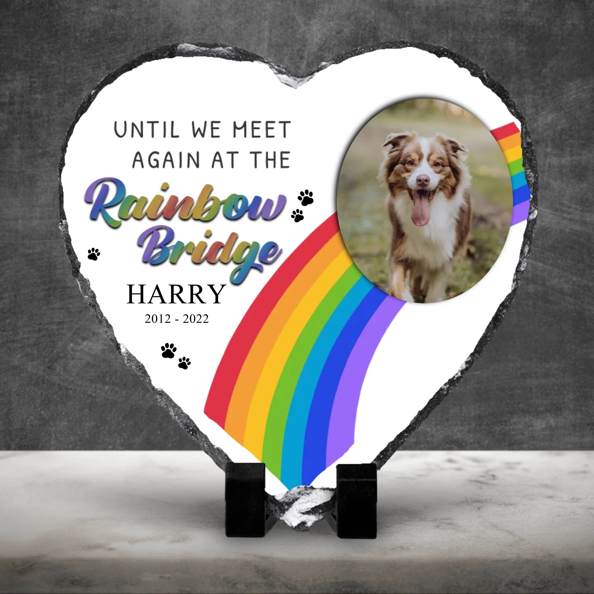 Personalised Rainbow Bridge pet memorial slate on a light background