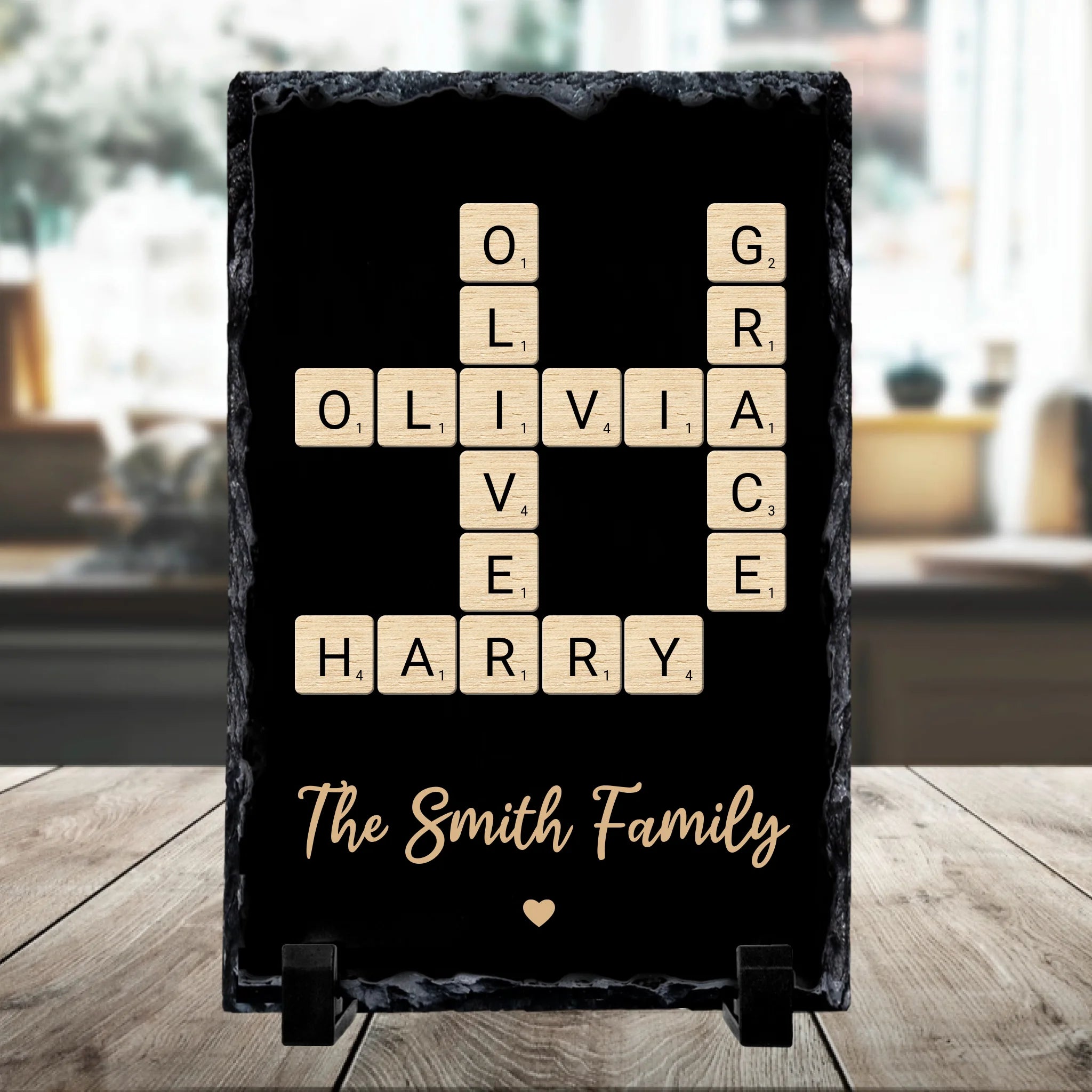 Custom photo slate gift showing family word tile design, personalised with a photo
