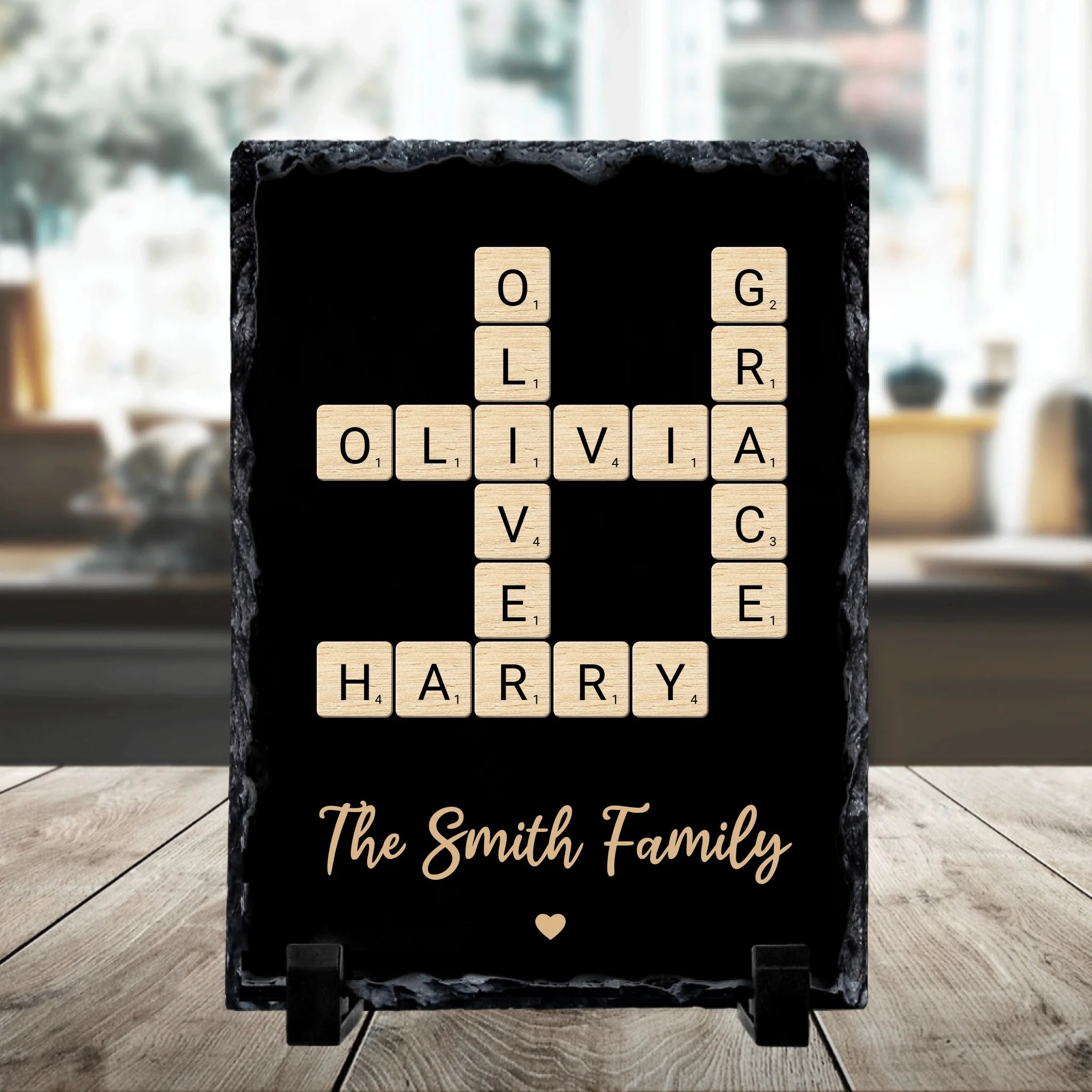 Personalised family word tile photo slate with custom photo and names printed on slate