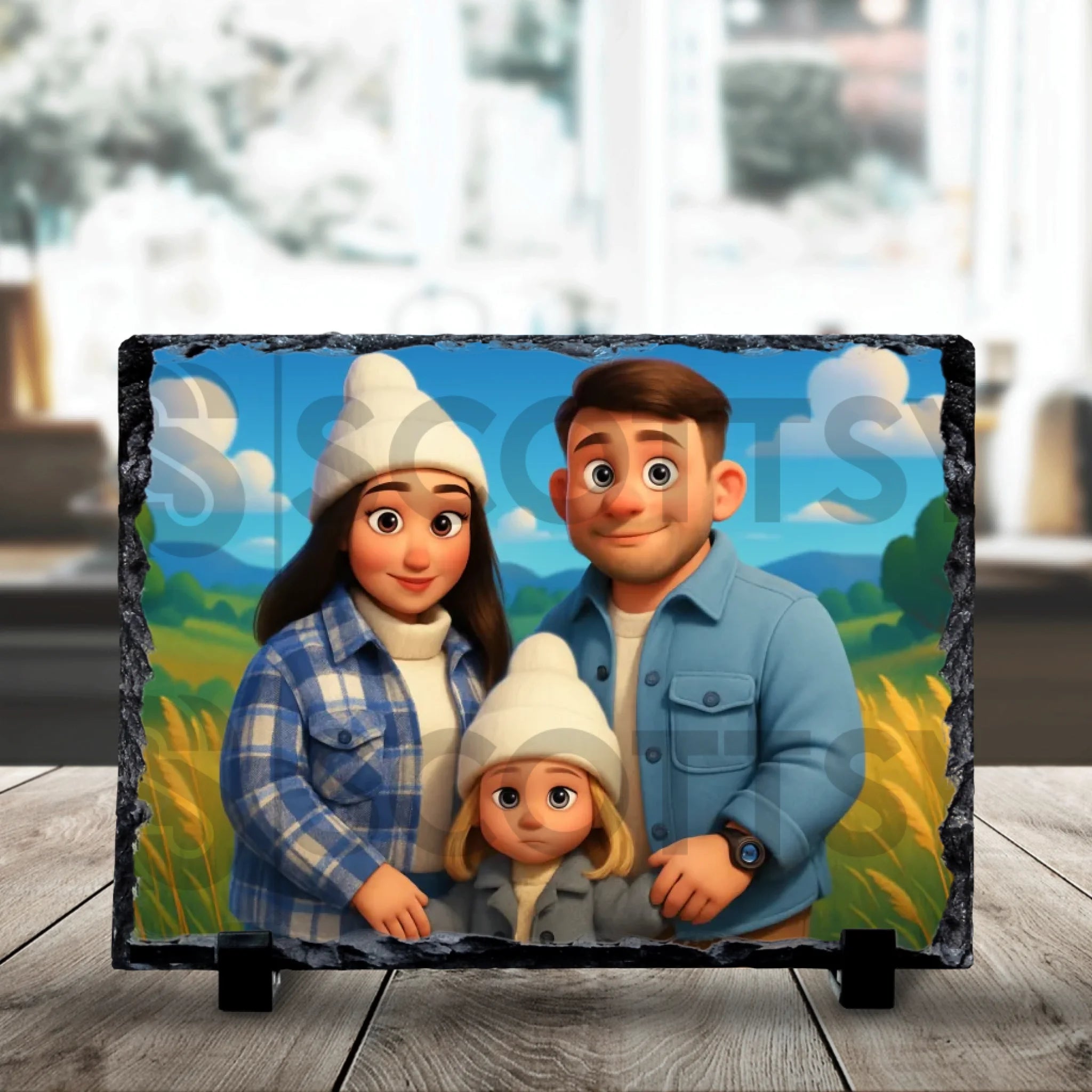 Custom photo slate showing a cartoon effect family portrait, 19x14cm size