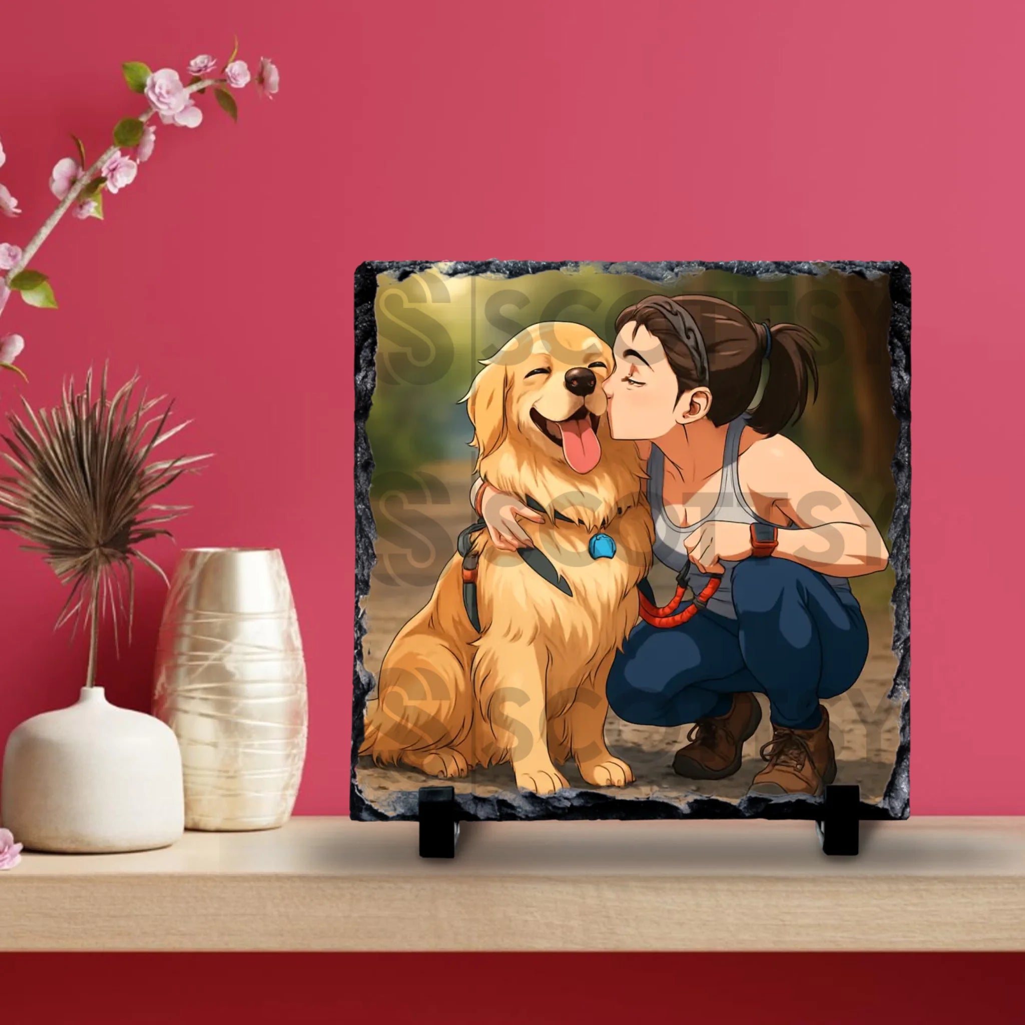 Personalised anime photo slate displayed as a home decoration on a surface