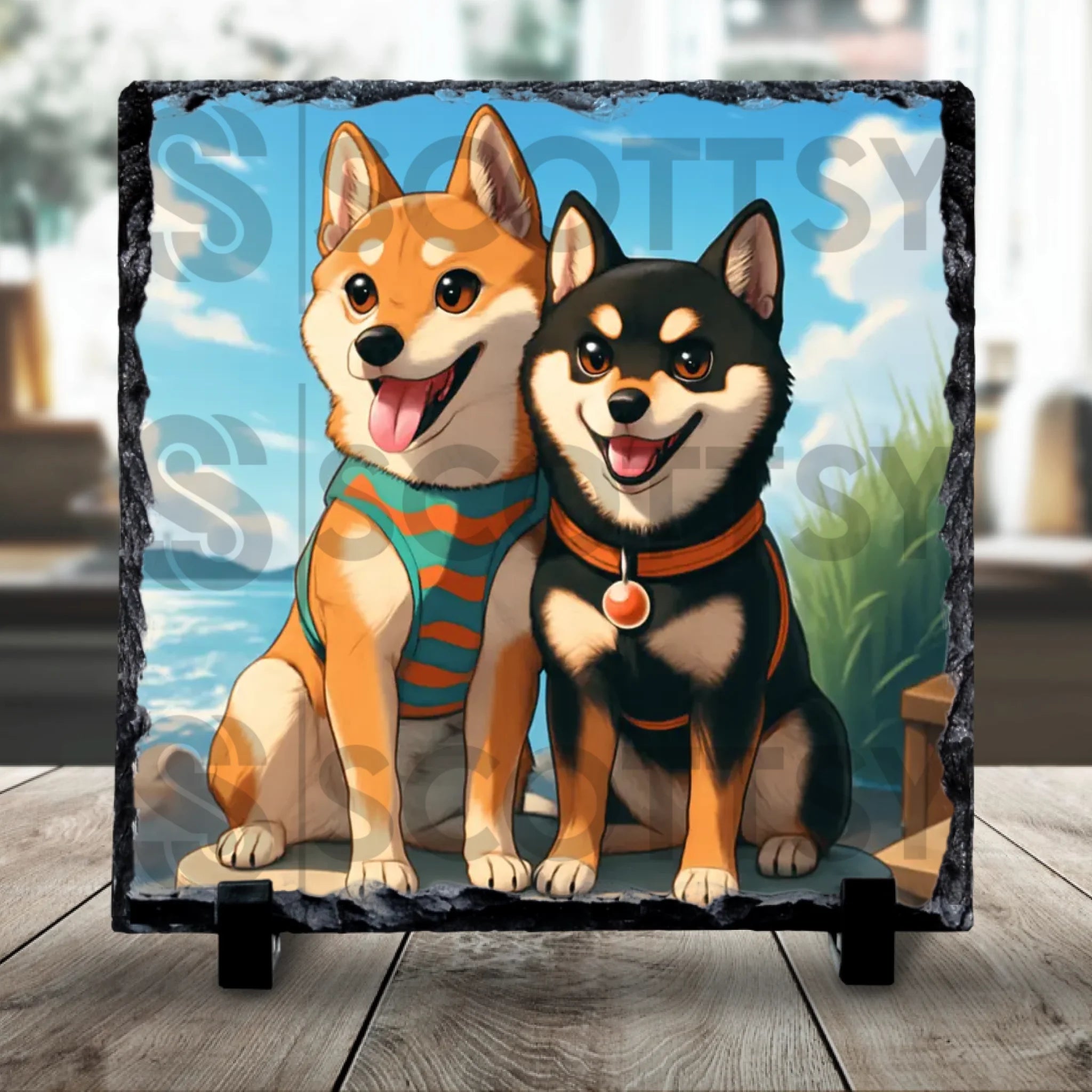 Personalised pet anime photo slate showing a custom cartoon portrait of a dog