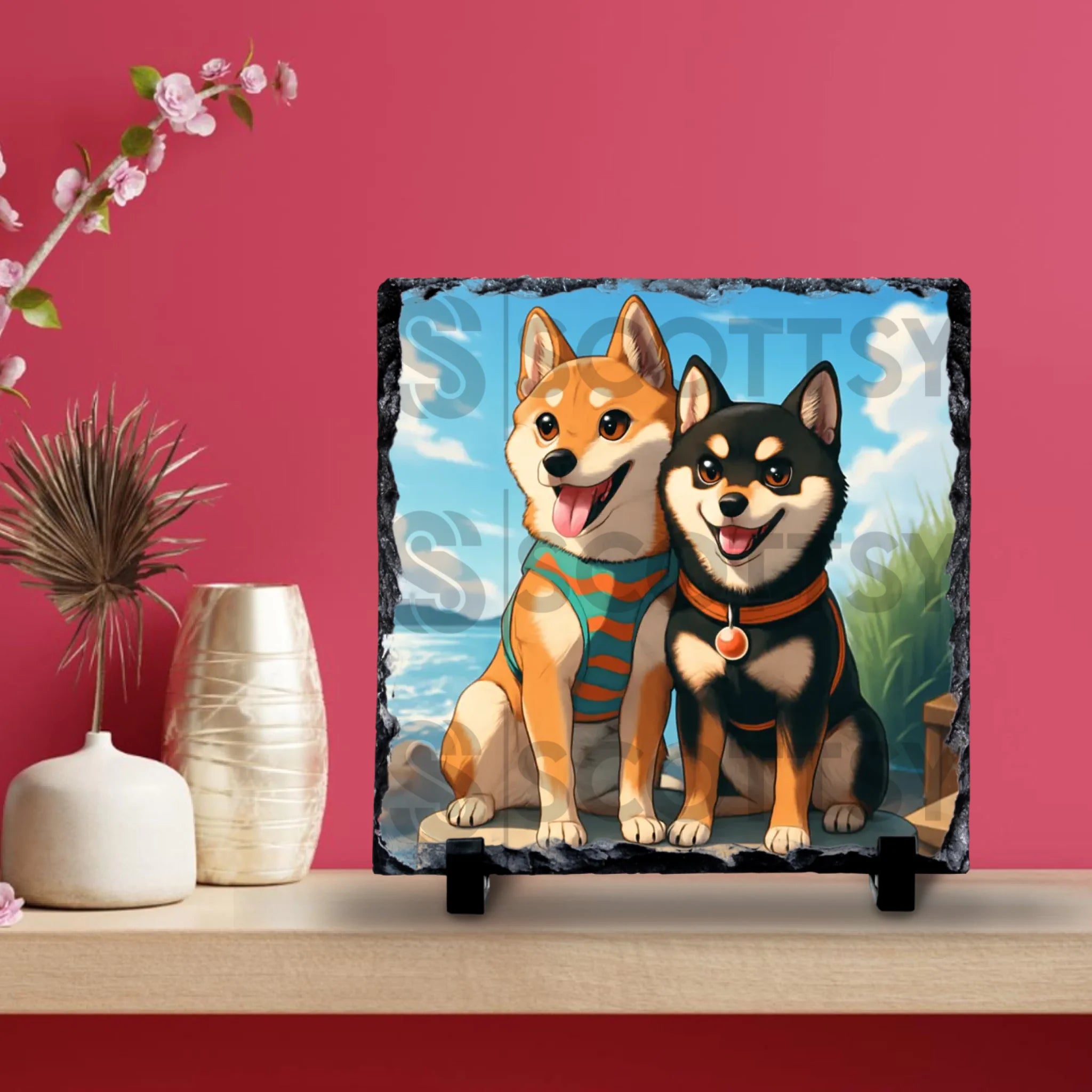 Pet memorial gift idea showing a custom anime portrait printed on a photo slate