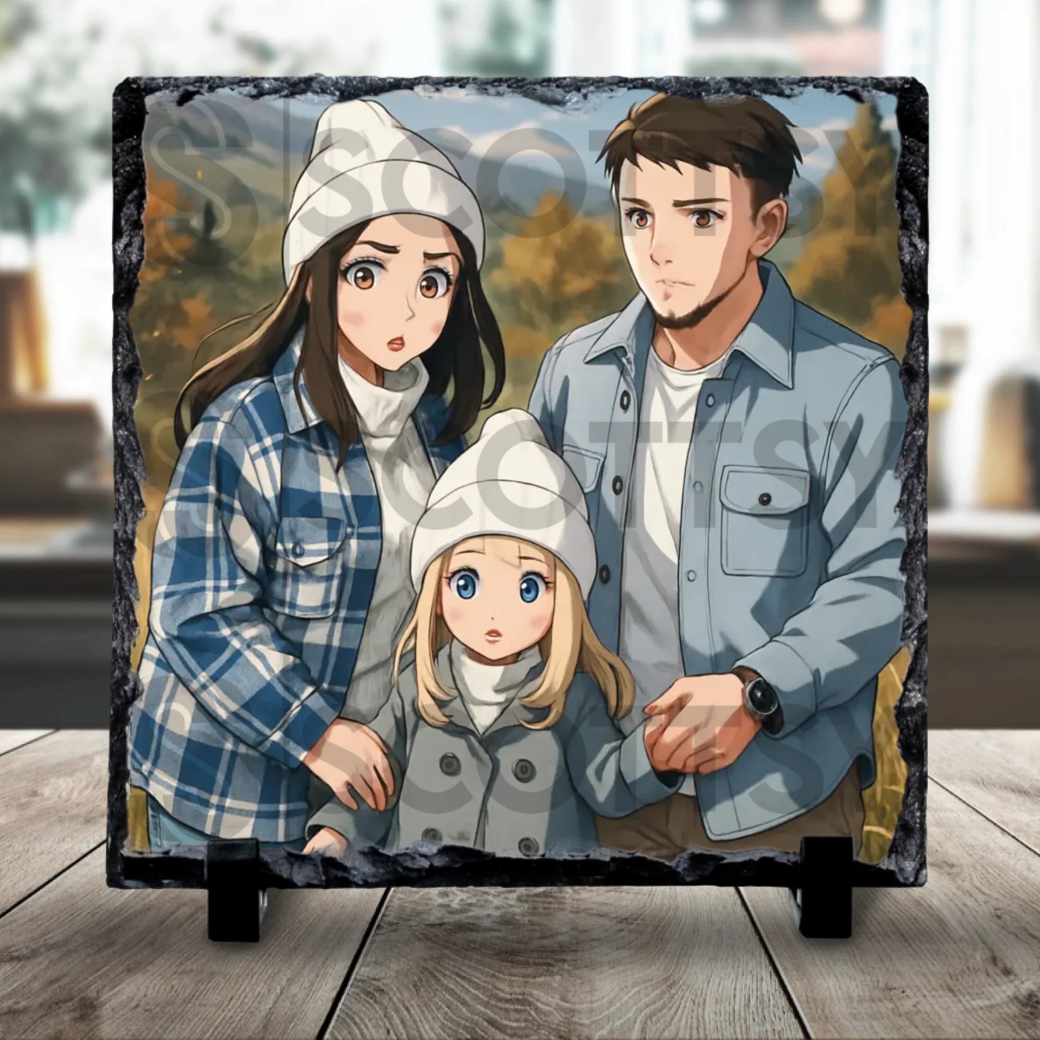 Personalised photo slate with a family photo converted into anime-style illustrated art