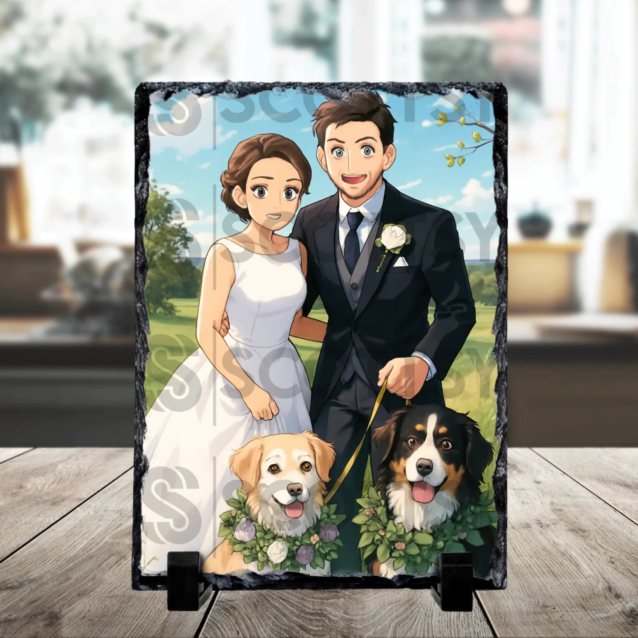 Anime art style photo slate showing a personalised portrait printed on slate