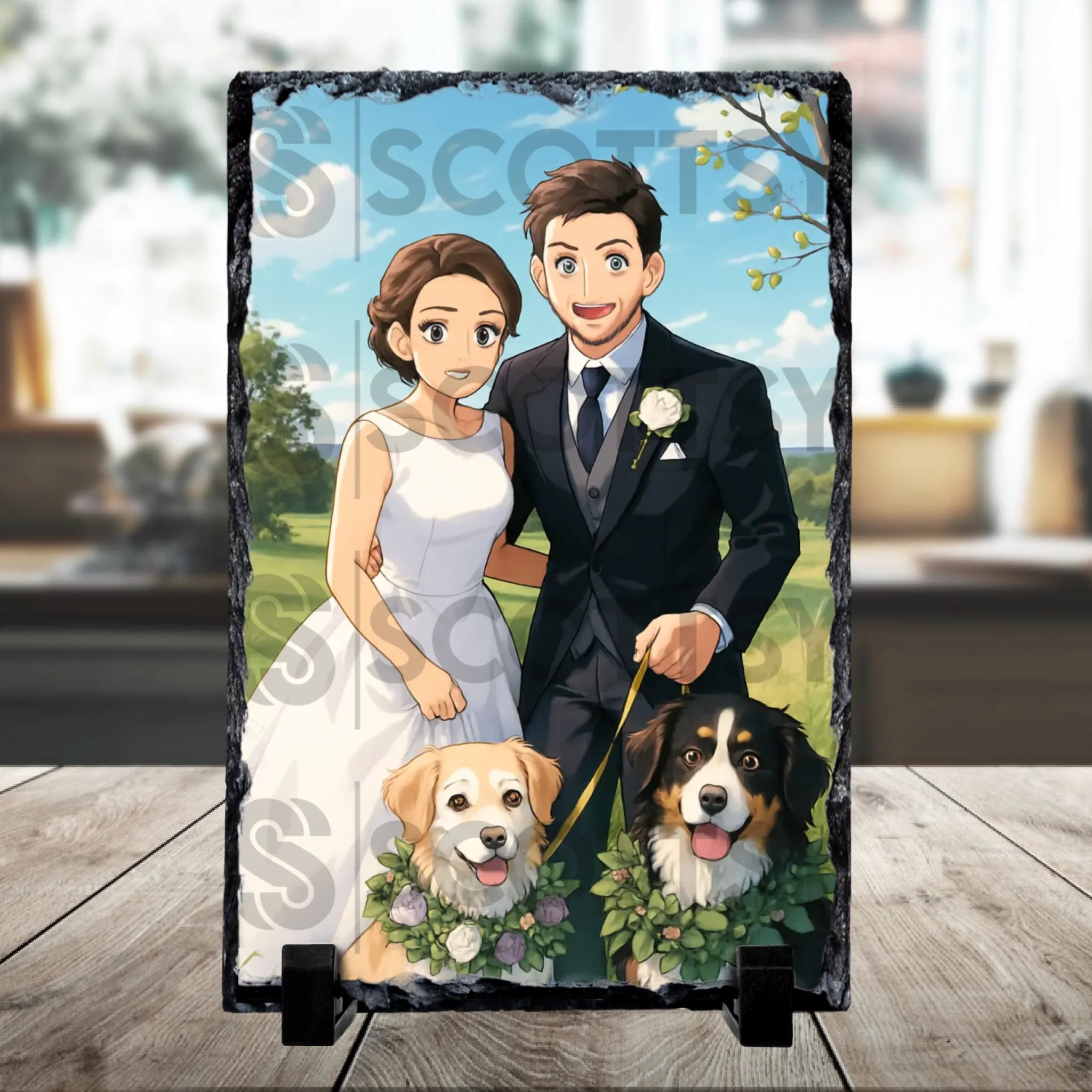 Personalised photo slate gift with anime-style artwork from a customer photo