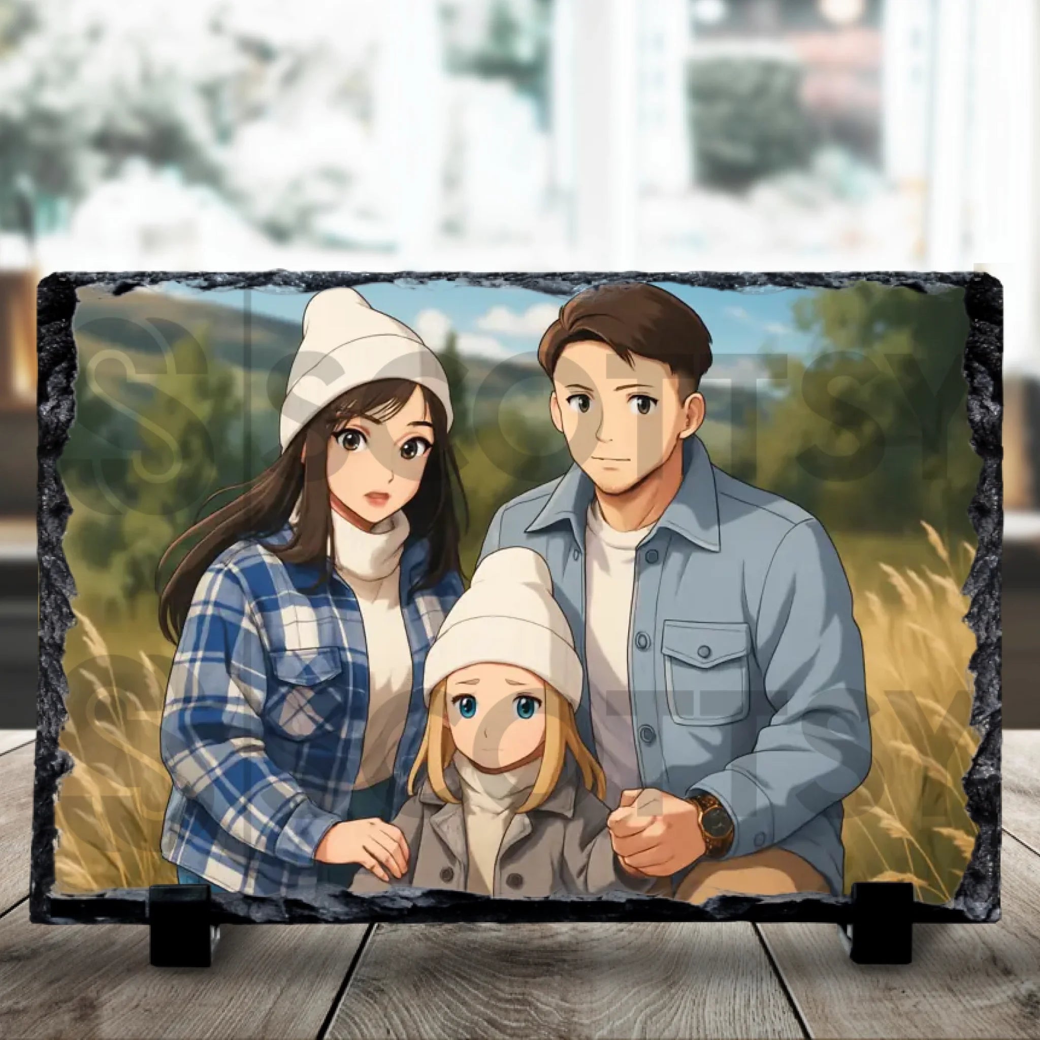 Close-up of a custom anime photo slate gift with vibrant anime art from a personal photo