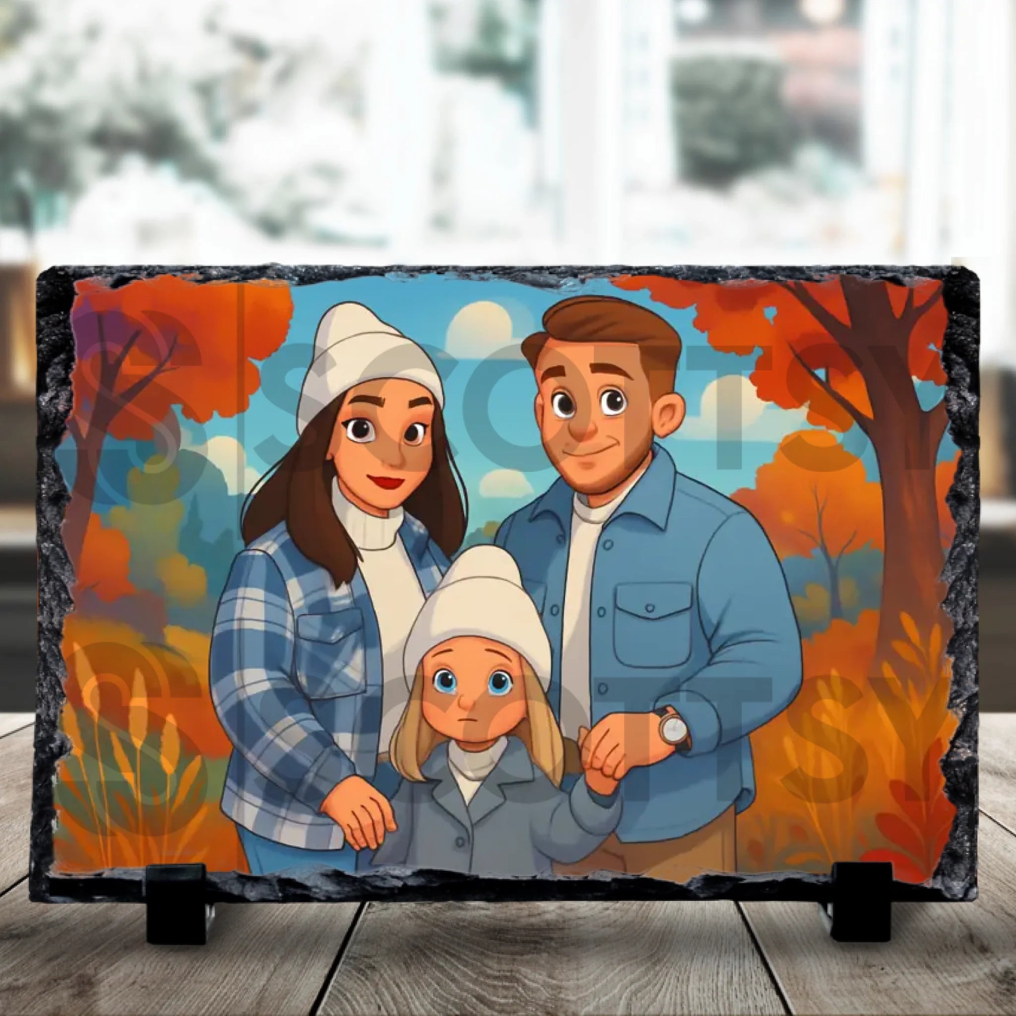 Close-up of a personalised photo slate gift with animated magical artwork
