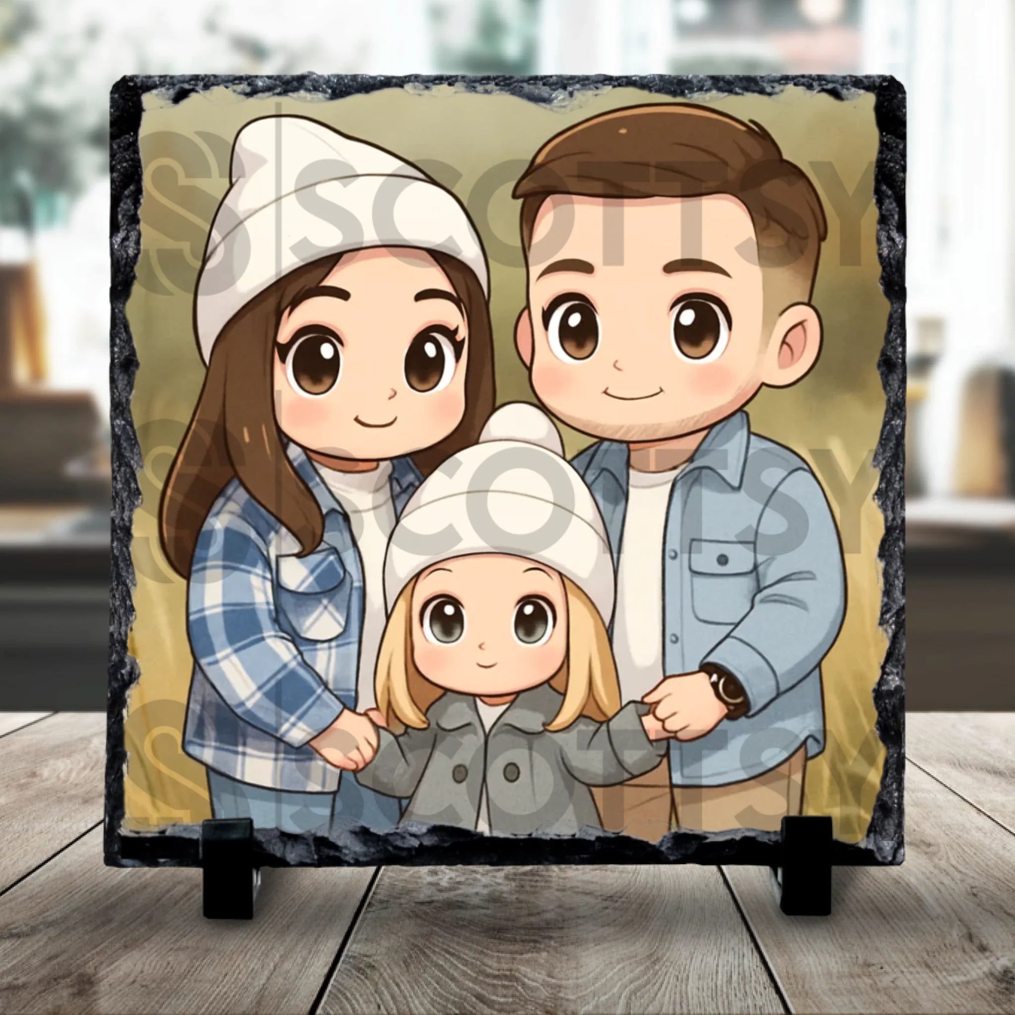 Custom personalised cartoon Ghibli portrait printed on a photo slate