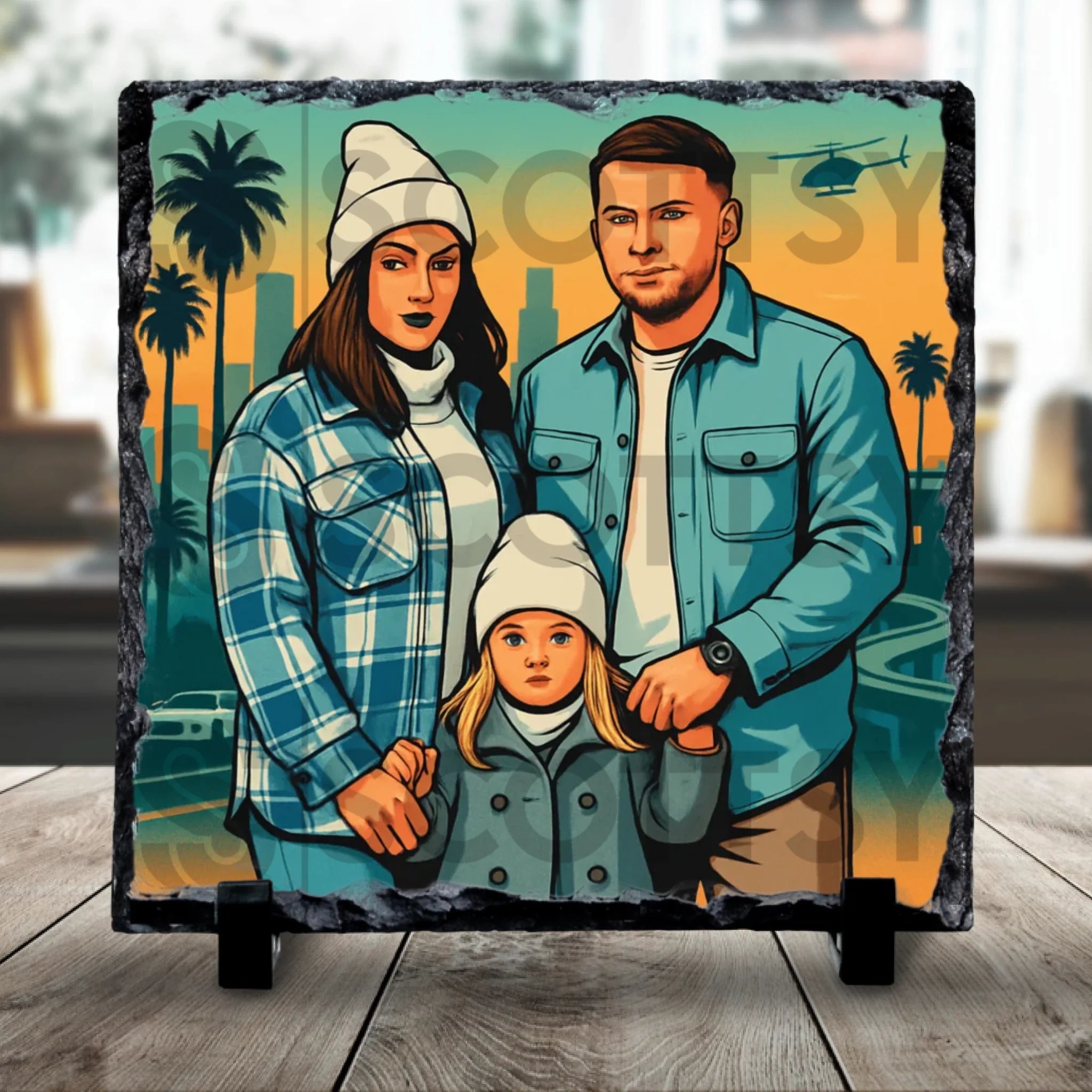Personalised photo slate with a custom cartoon portrait inspired by a popular video game