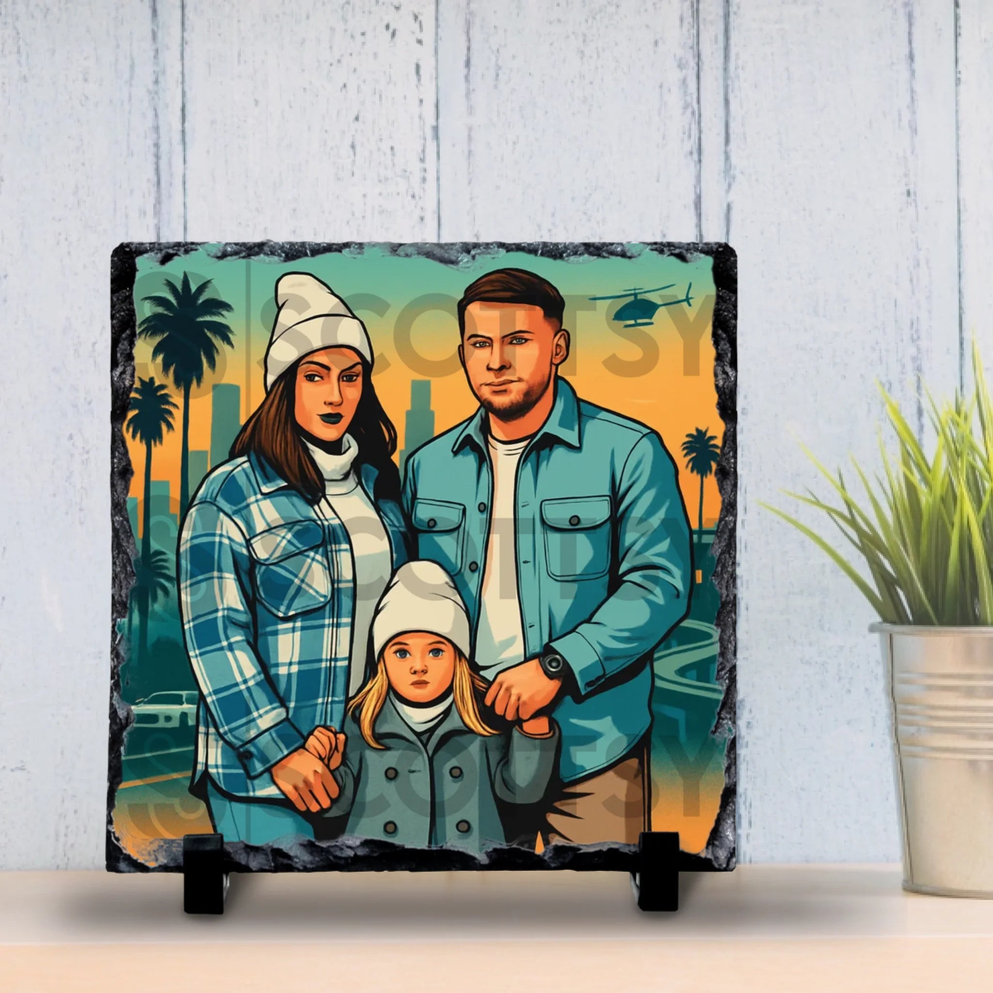 Close-up of a custom cartoon portrait printed on a personalised photo slate