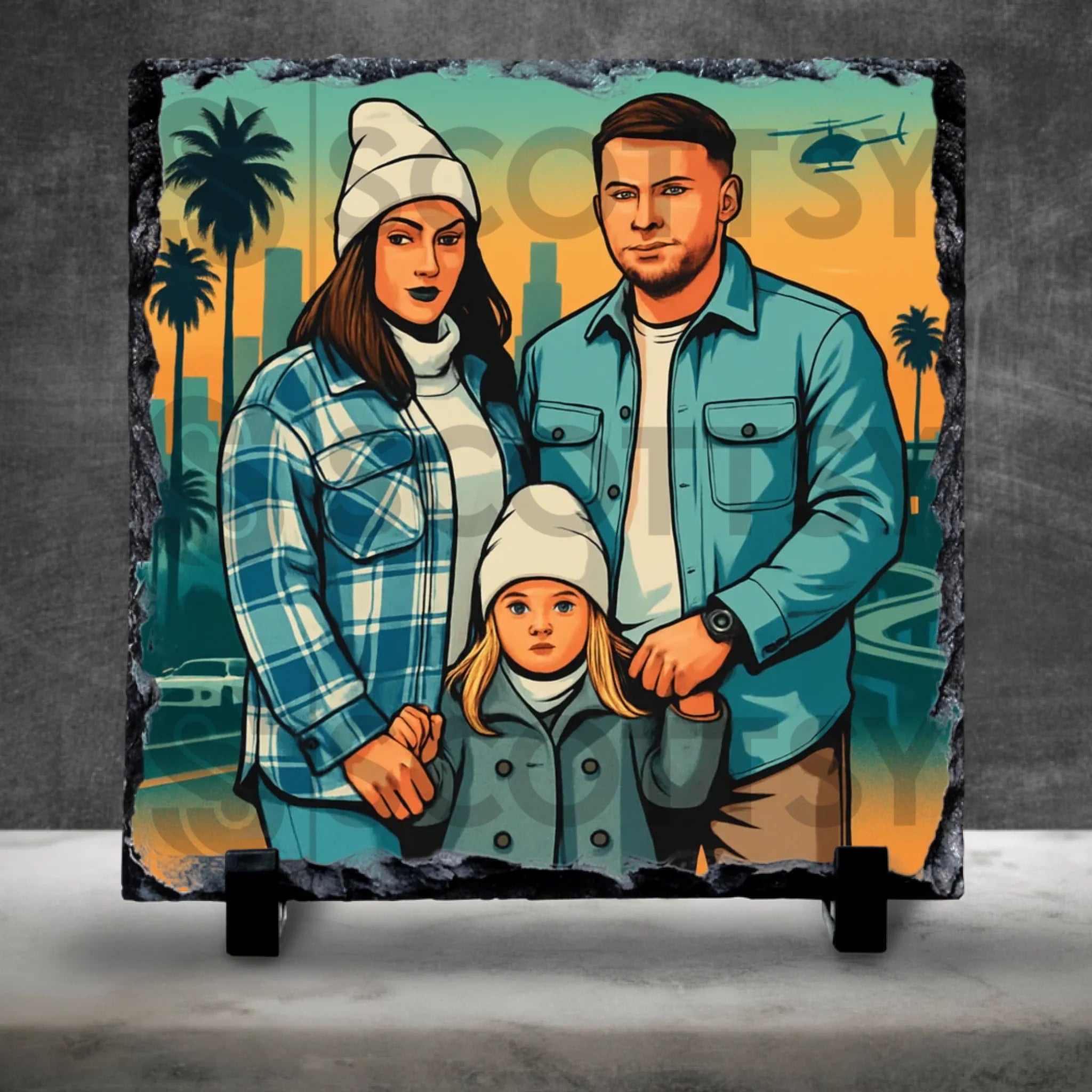 Custom cartoon portrait on slate, a personalised photo gift inspired by a popular video game