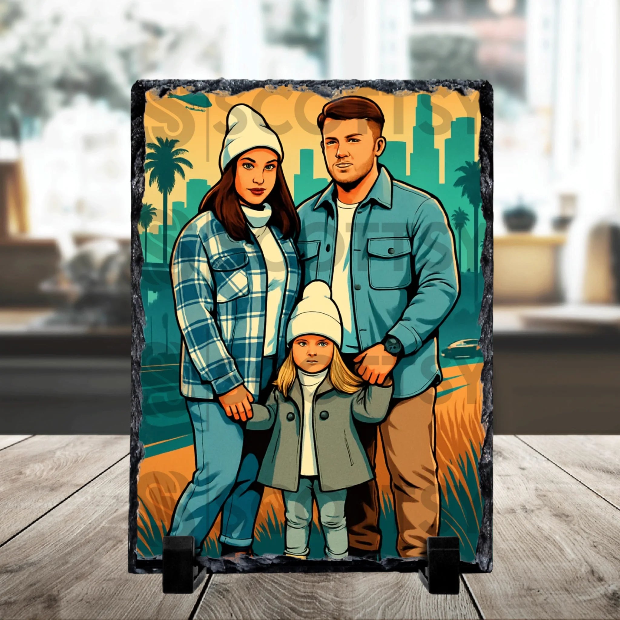 Close-up of a custom photo slate showing a video game inspired cartoon portrait personalised with a photo