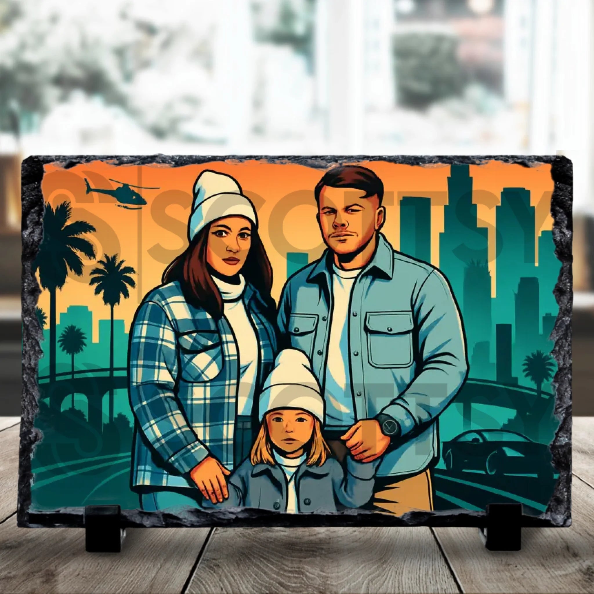Custom photo slate gift with video game inspired animated artwork based on your own photo