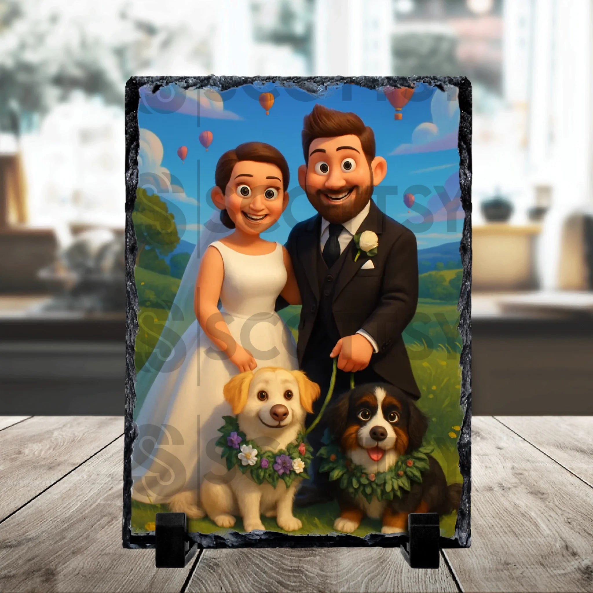 Custom photo slate gift showing a cartoon-style wedding portrait of a couple
