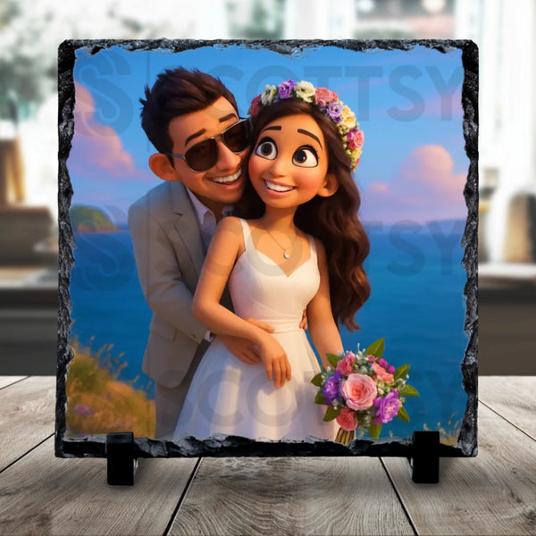 Personalised photo slate with cartoon effect showing a couple portrait