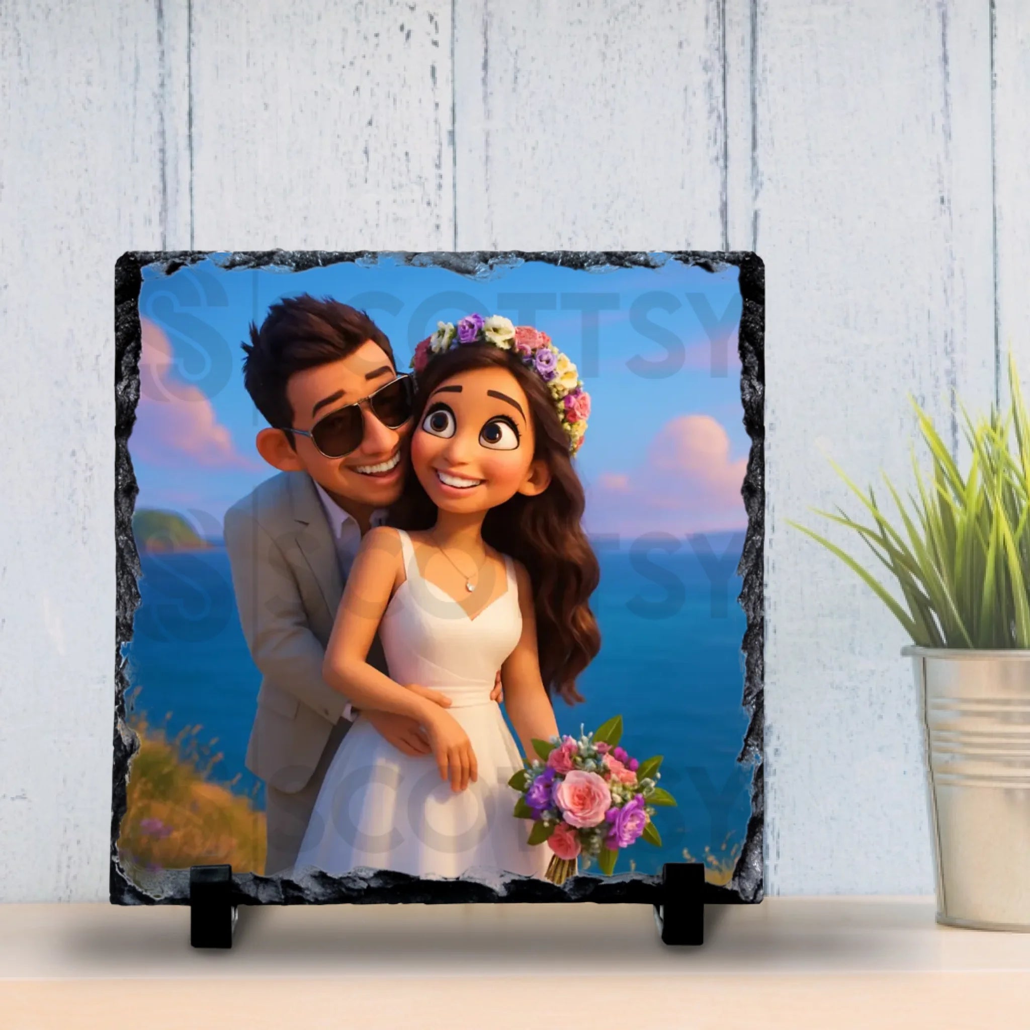 Custom photo slate gift with animated cartoon portrait effect