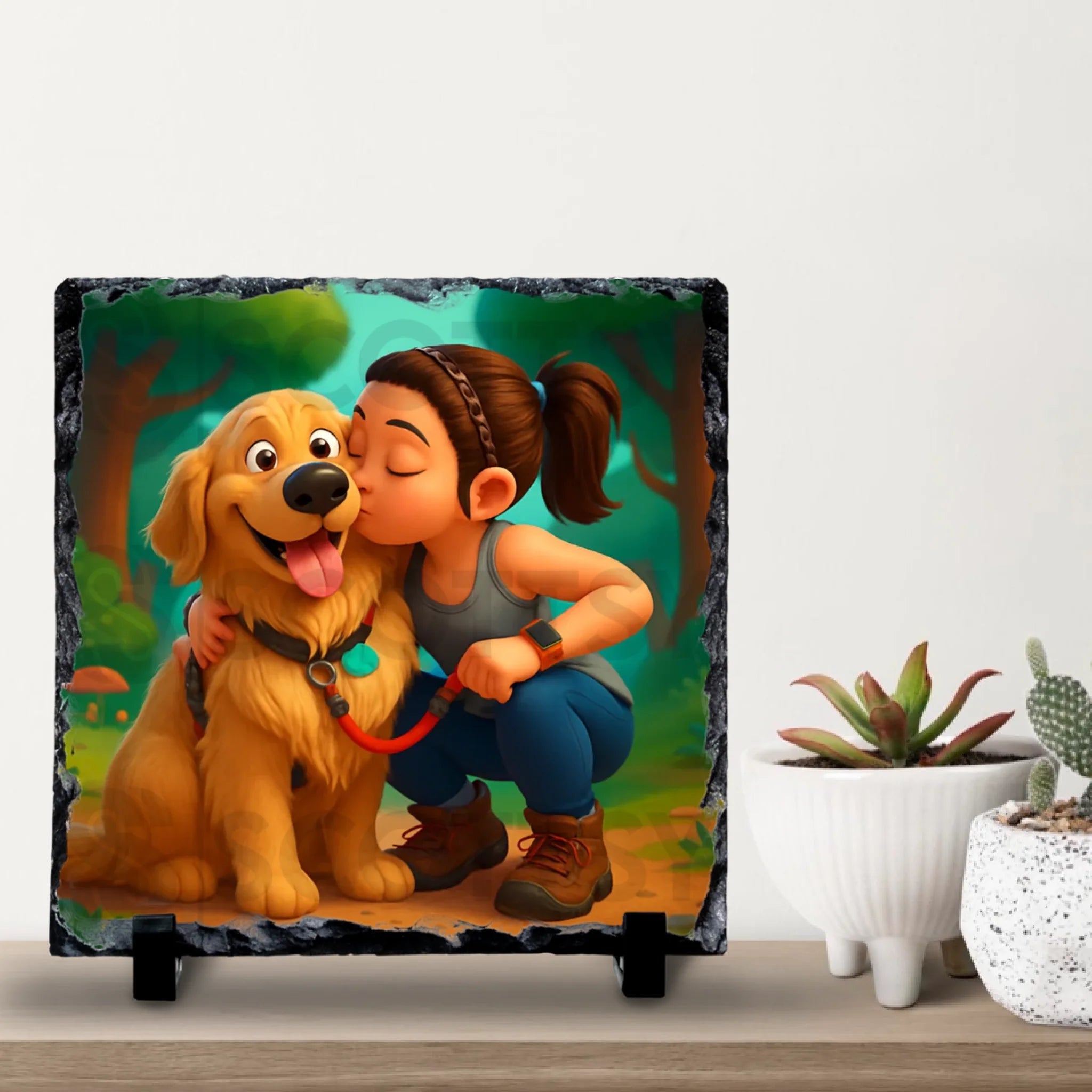 Personalised pet photo slate with cartoon effect on a natural slate tile