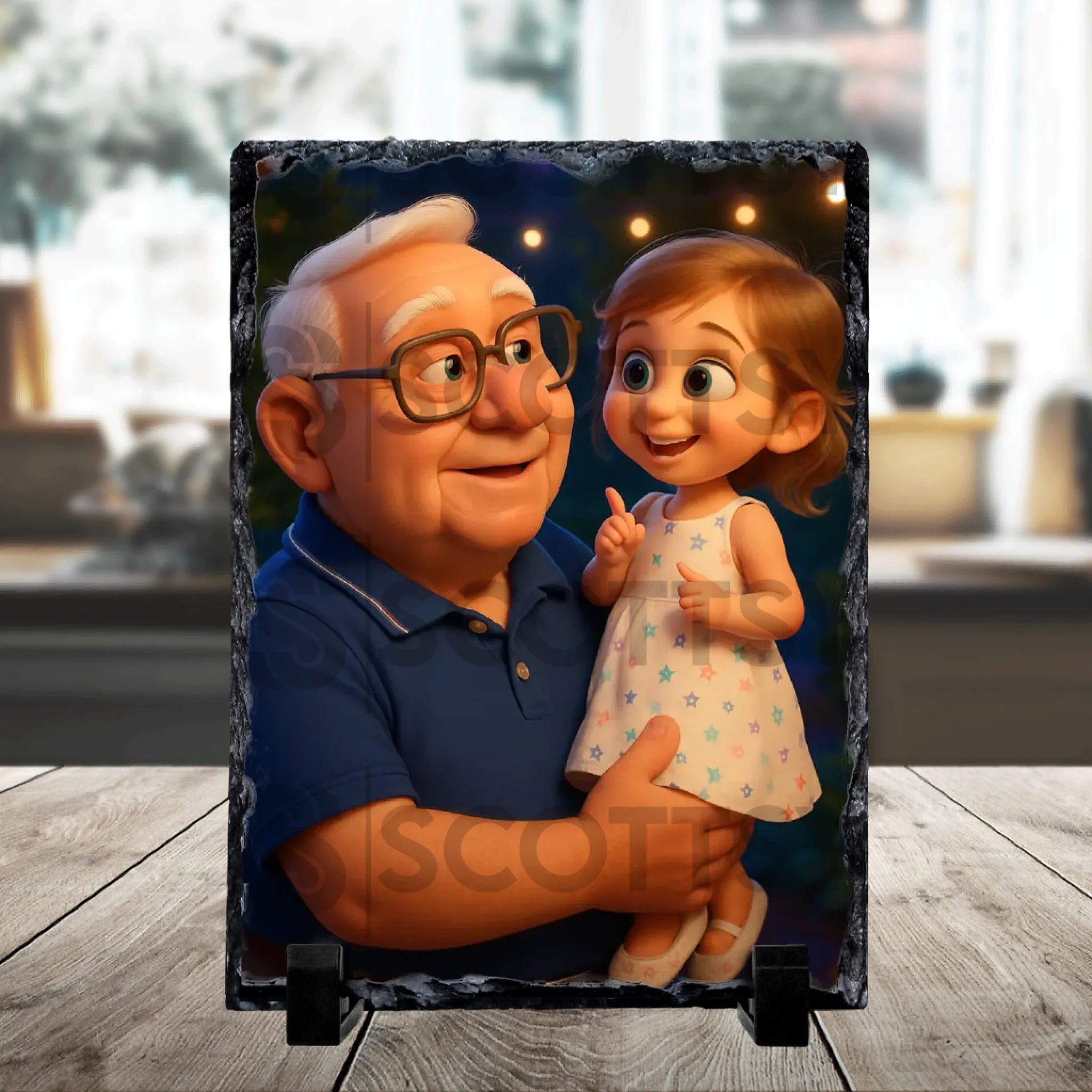 Custom photo slate gift shown as a home display piece with cartoon portrait style