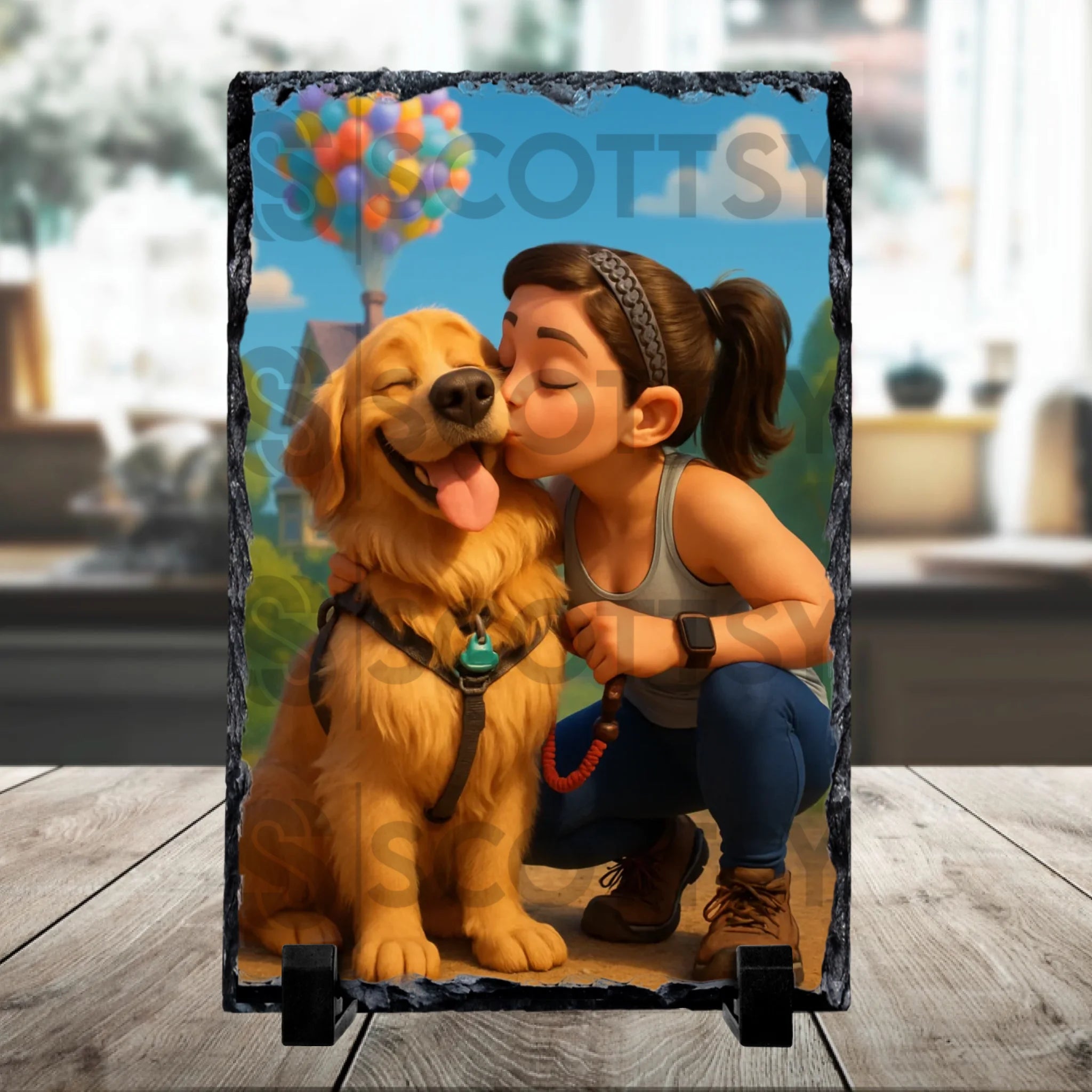 Close-up of a personalised pet photo slate with cartoon illustration effect, unique friendship art gift
