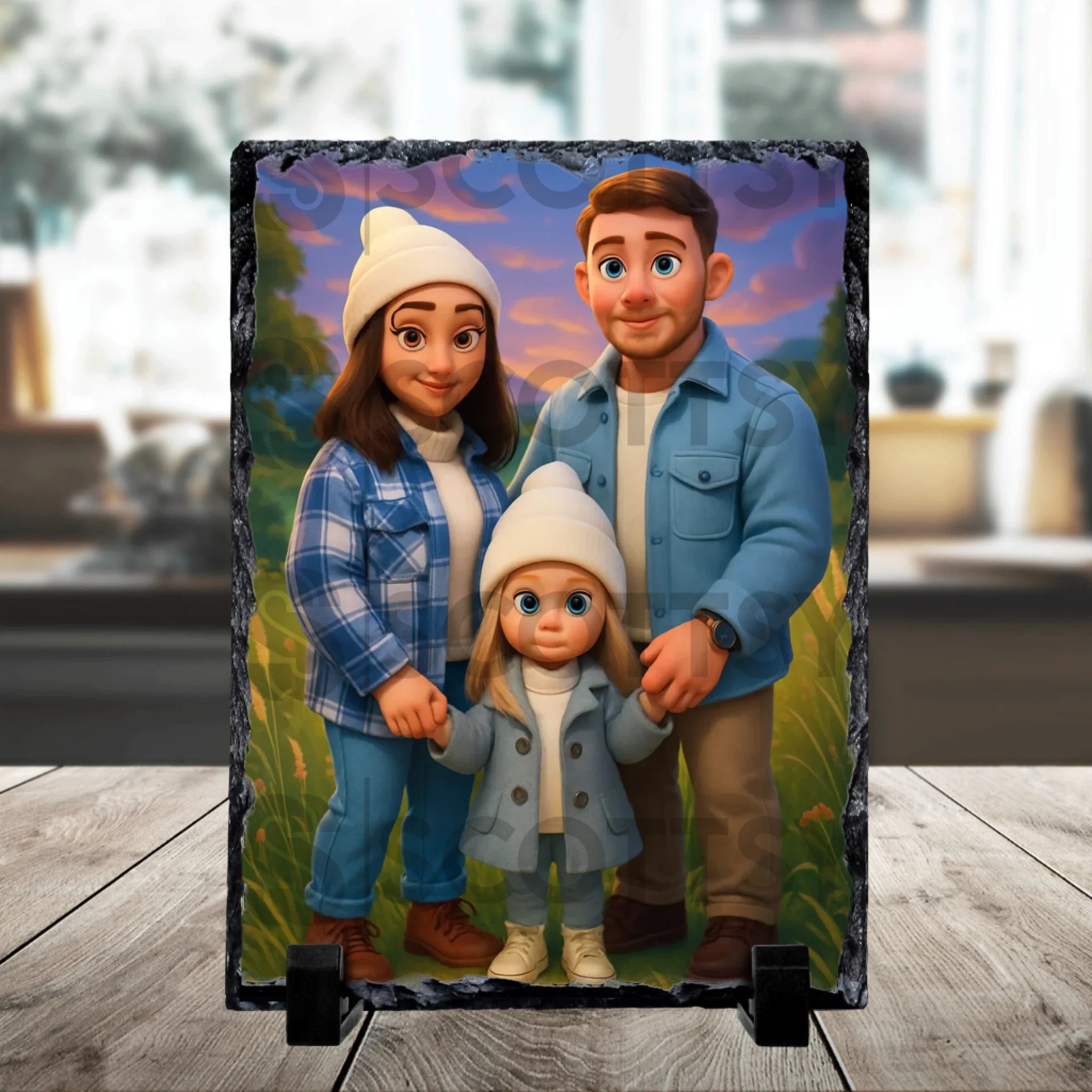 Close-up of a custom cartoon portrait photo slate showing fairytale illustration detail