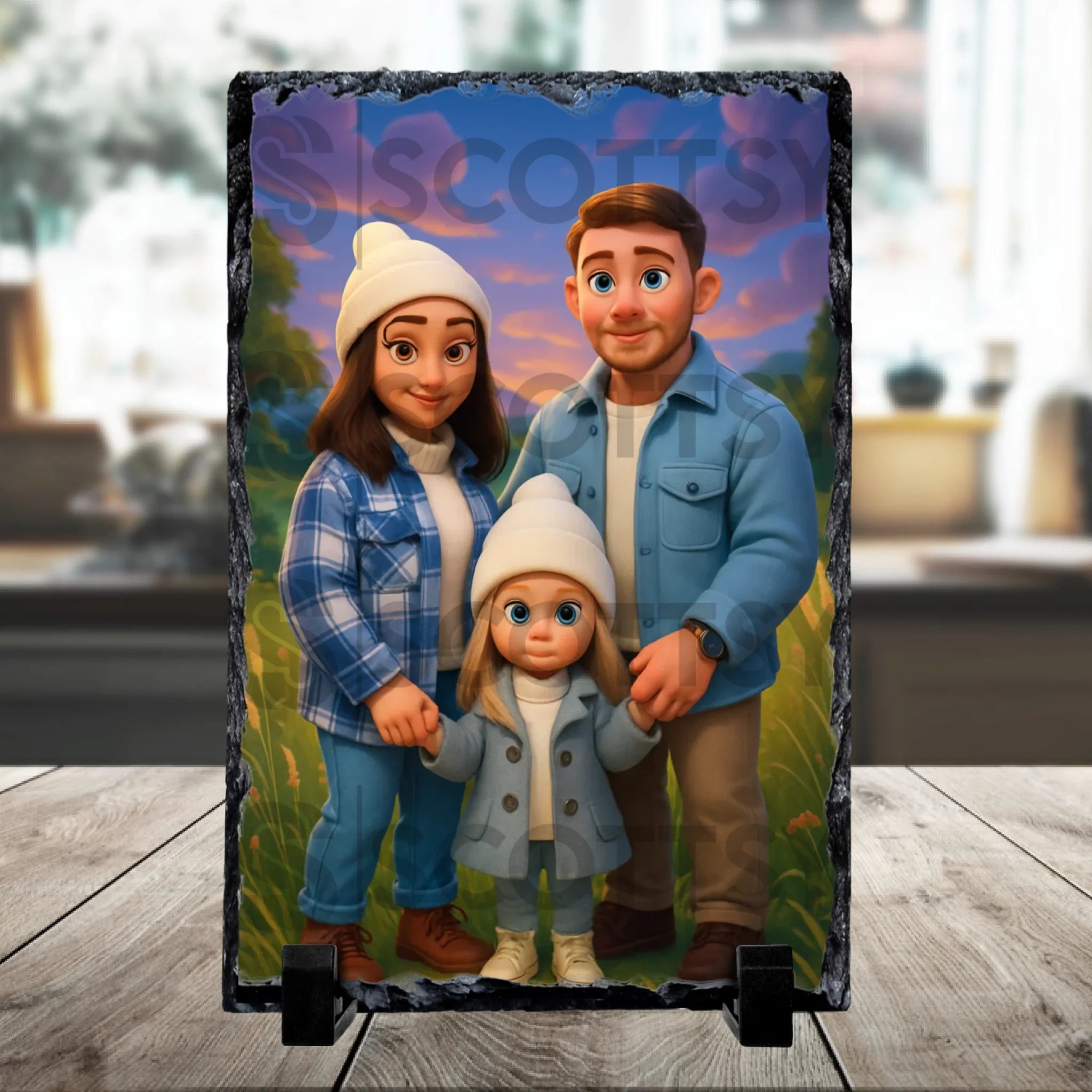 Fairytale cartoon portrait personalised photo slate gift displayed on a surface