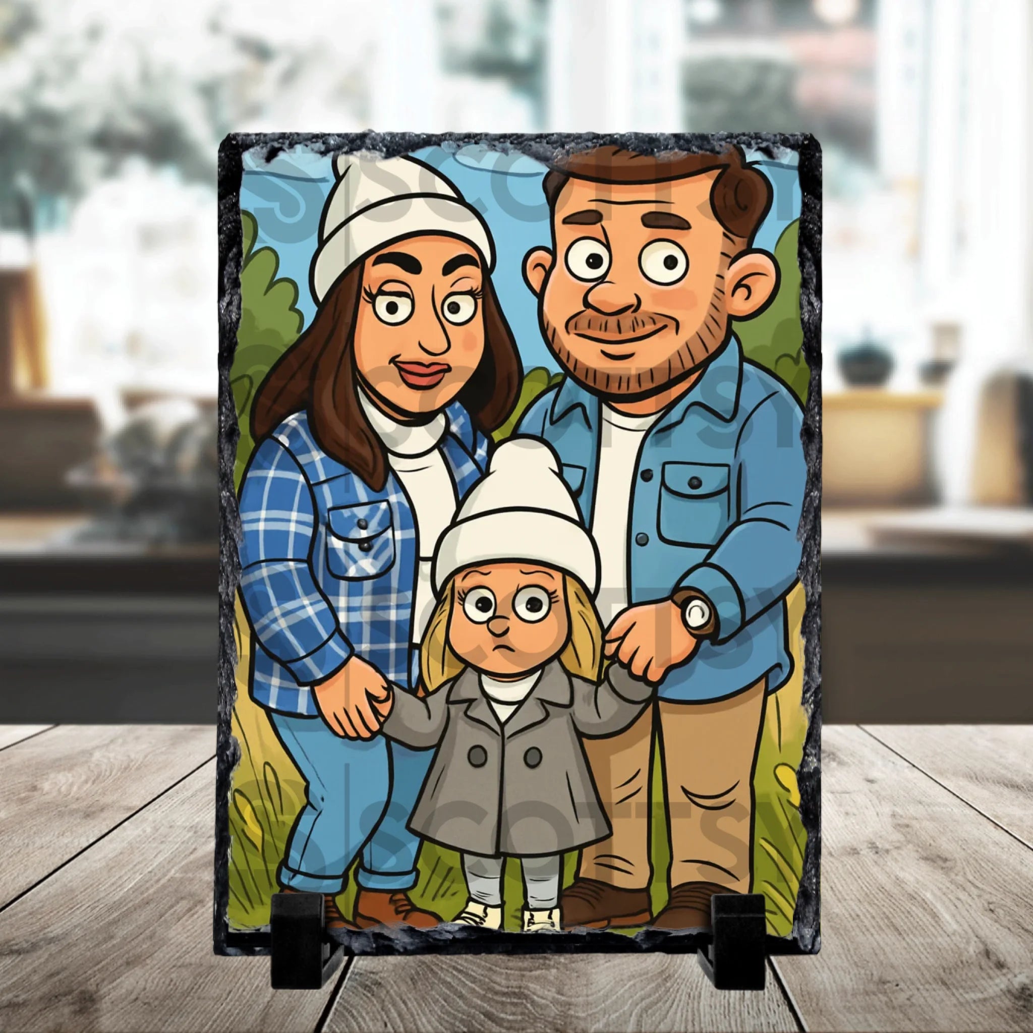 Personalised cartoon portrait photo slate shown as a home display keepsake