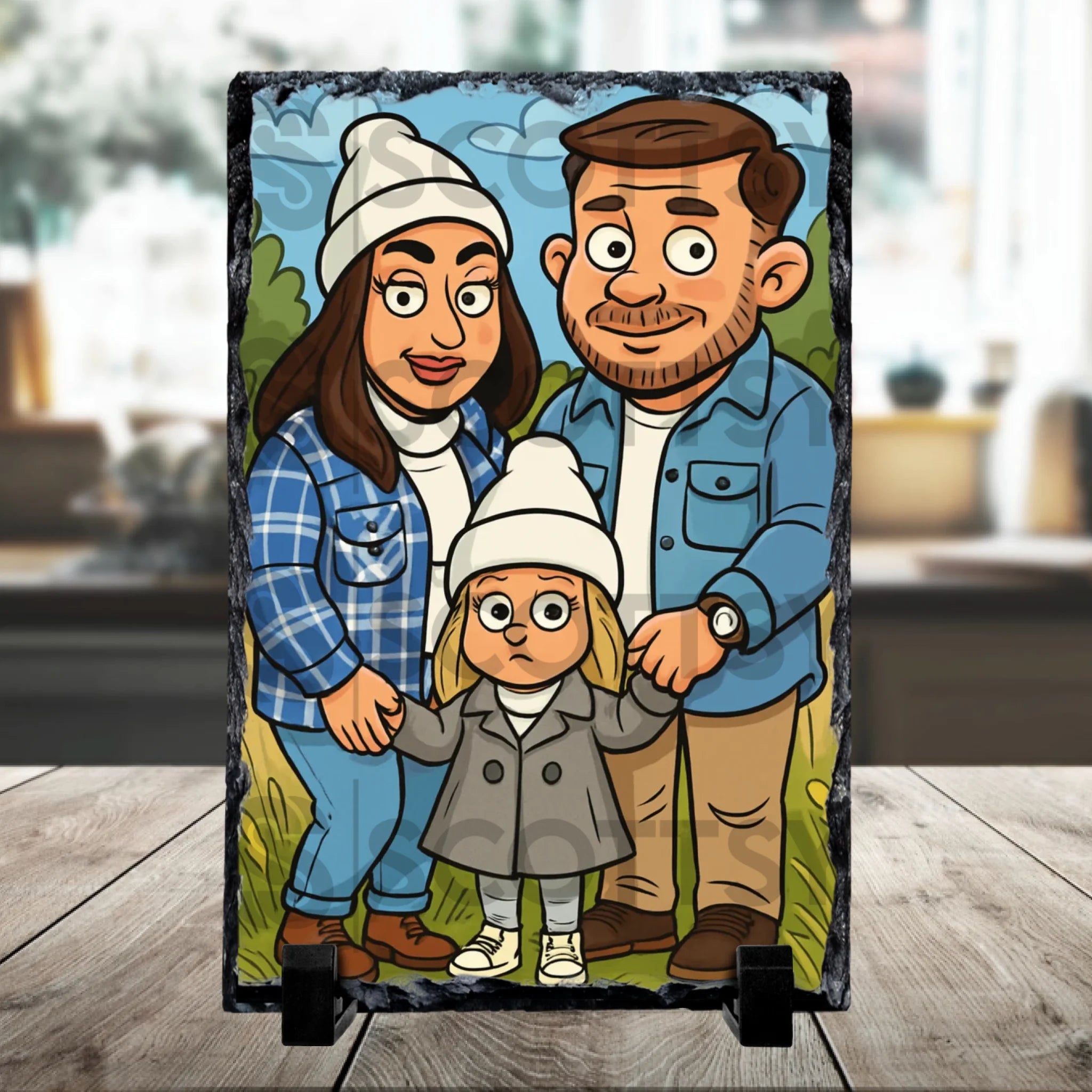 Close-up of a custom photo slate with cartoon caricature design from Scottsy