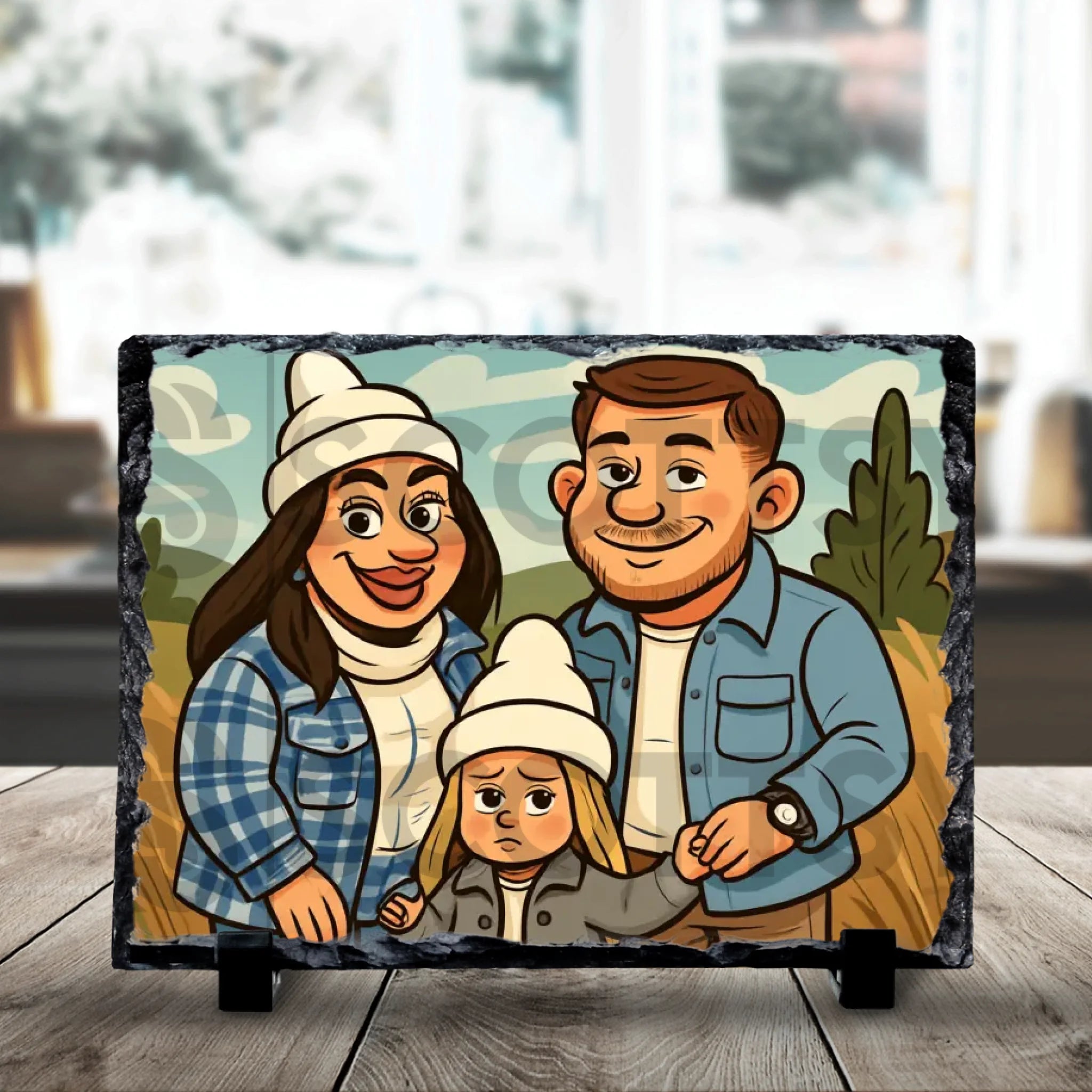19x14cm personalised photo slate showing animated style caricature artwork